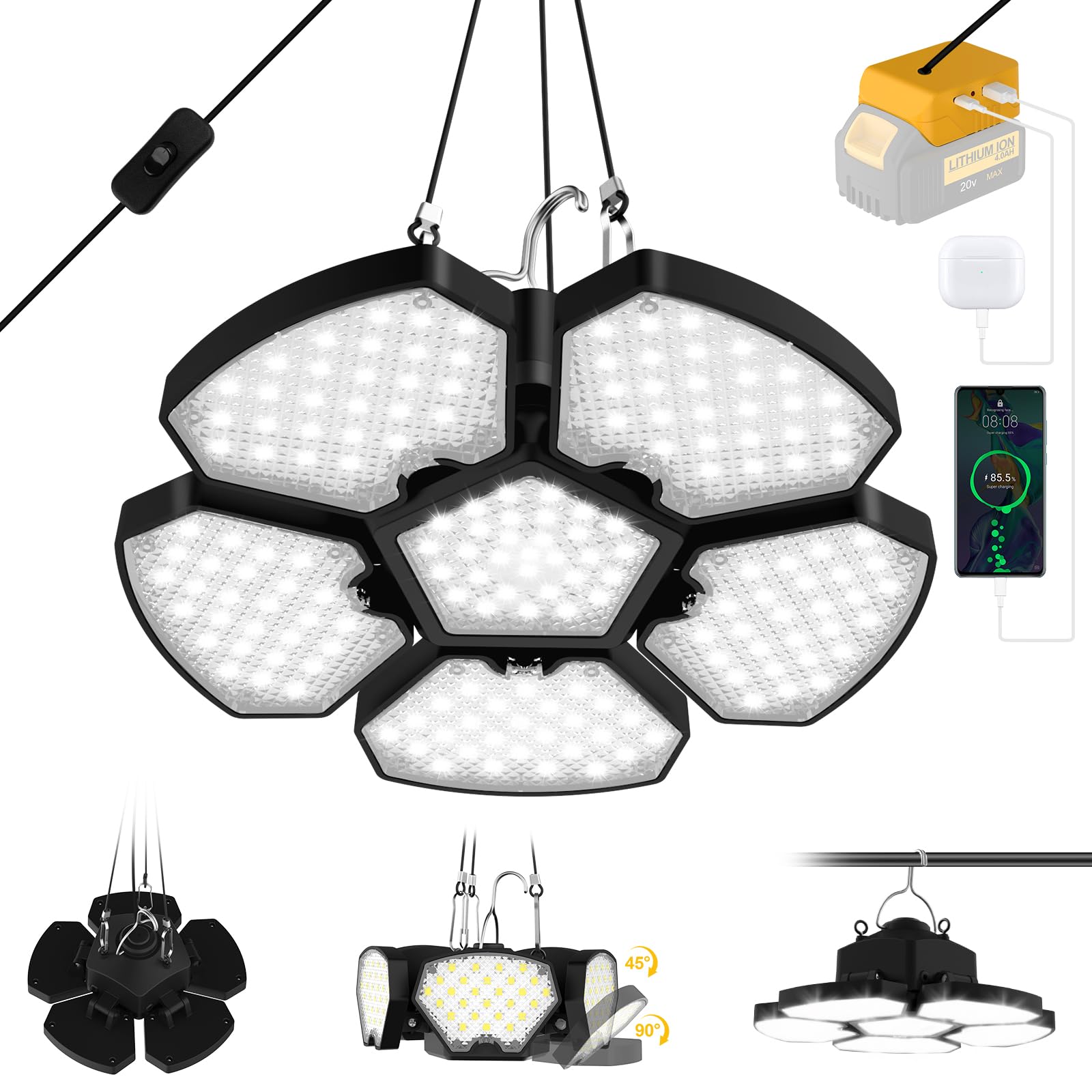 T-SUNUS LED Pendant Light Compatible with de-Walt 20V Battery, 65W 6500LM Flood and Ceiling Light with USB & Type-C Charging Port, 5+1 Deformable Panels, for Shed, Garage, Work, Job Site, Camping