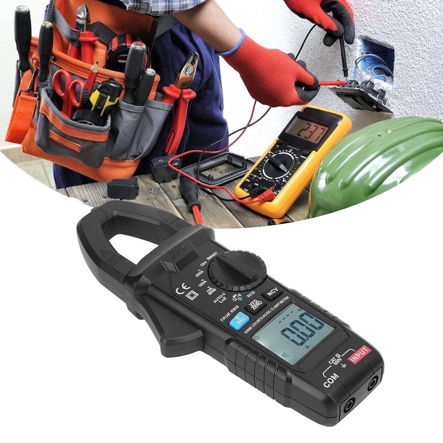 Clamp Meter Multimeter, AC DC Voltage Current Tester, Intelligent Recognition, Dual Display, with Voltage Tester Meter, Switch Buzzer, NCV, Auto Shutdown, Backlight