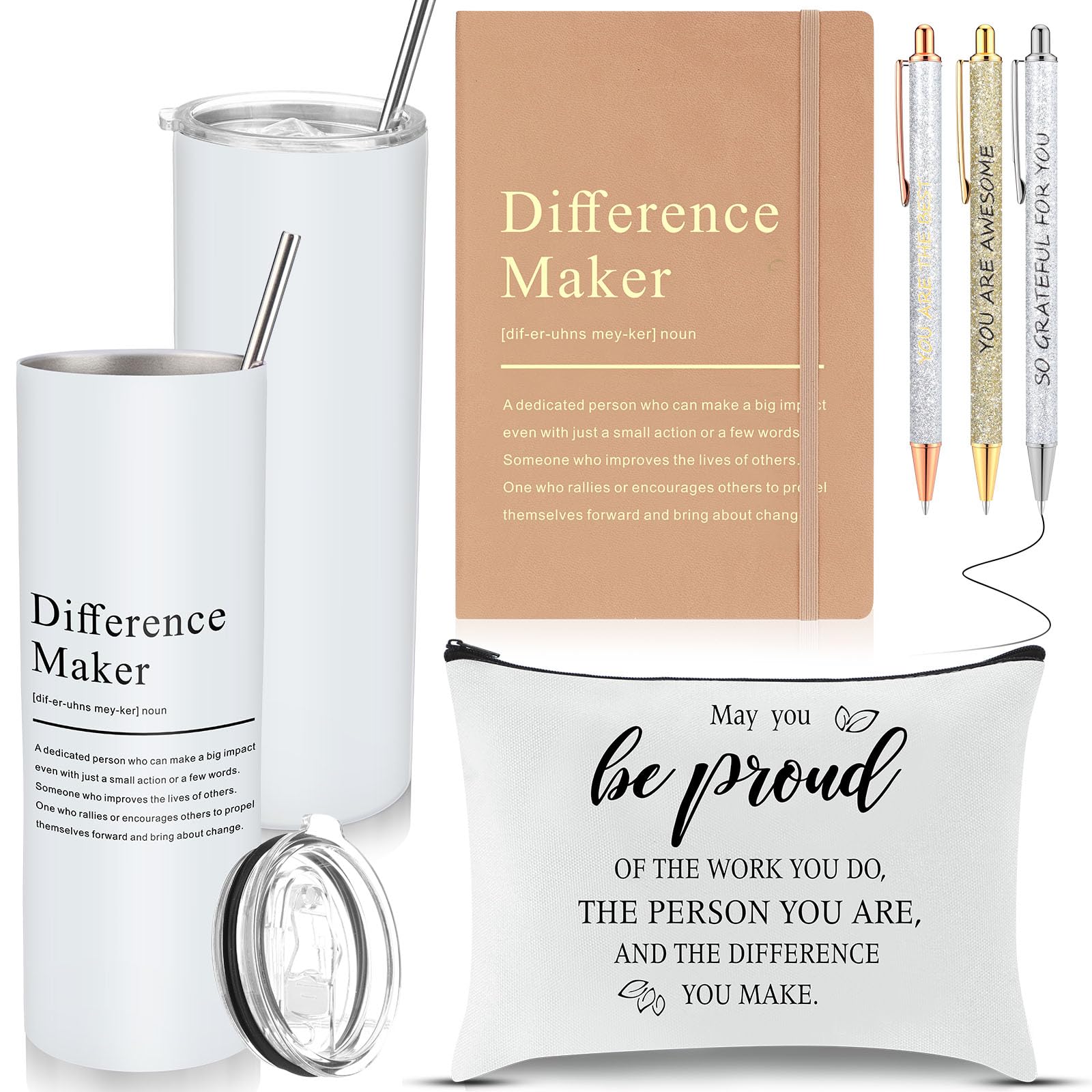 Geiserailie 6 Pcs Difference Maker Gift Appreciation Thank You Difference Maker Gift 20 oz Tumbler Leather Journal Ballpoint Pens Makeup Bag for