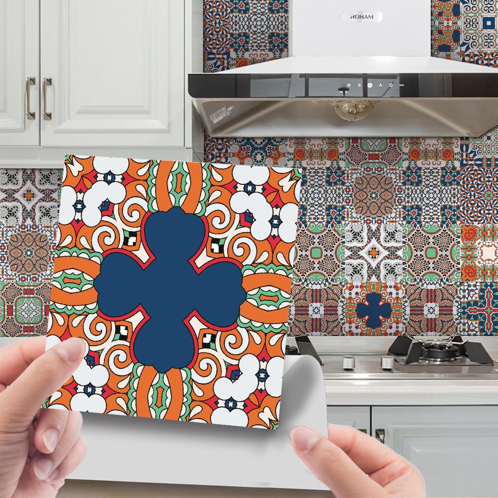 LMYSXAOZ 24 PCS Tile Stickers Stick on Tiles, Self Adhesive Wall Tiles for Kitchen Bathroom, Oil Proof Peel and DIY Floor Mandala (20x20cm,Orange)