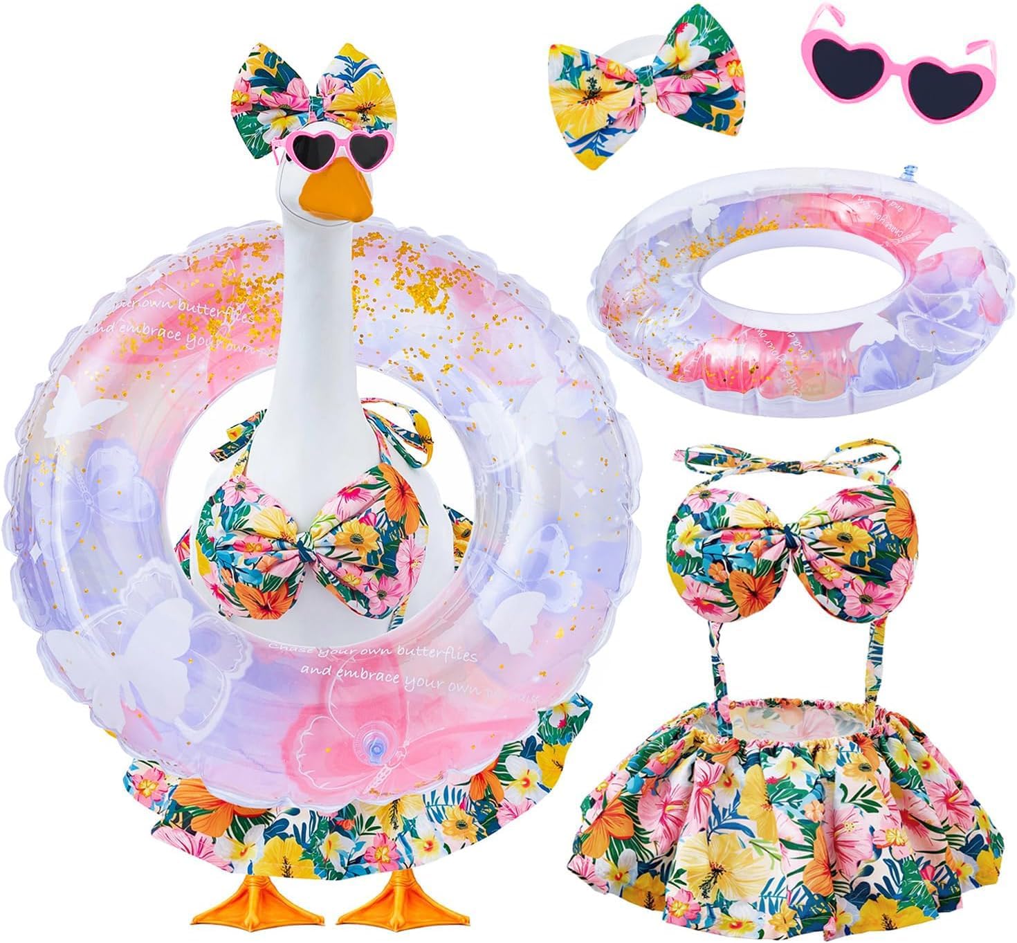 Bikini Porch Goose Outfits Fits 23" Goose Statue Summer Porch Goose Outfit with Sunglasses and Swim Ring Hawaiian Porch Goose Clothes Costume for Outdoor Garden Lawn Yard Decor(Blue Flower)