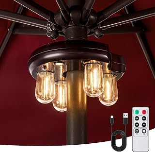 OPOIRA Rechargeable Patio Umbrella Light with Remote, Cordless LED Edison Bulbs, 10 Brightness Levels - Brown for Garden, BBQ, Camping