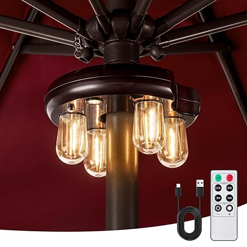 Patio Umbrella Light with Remote Control, Rechargeable Cordless LED Edison