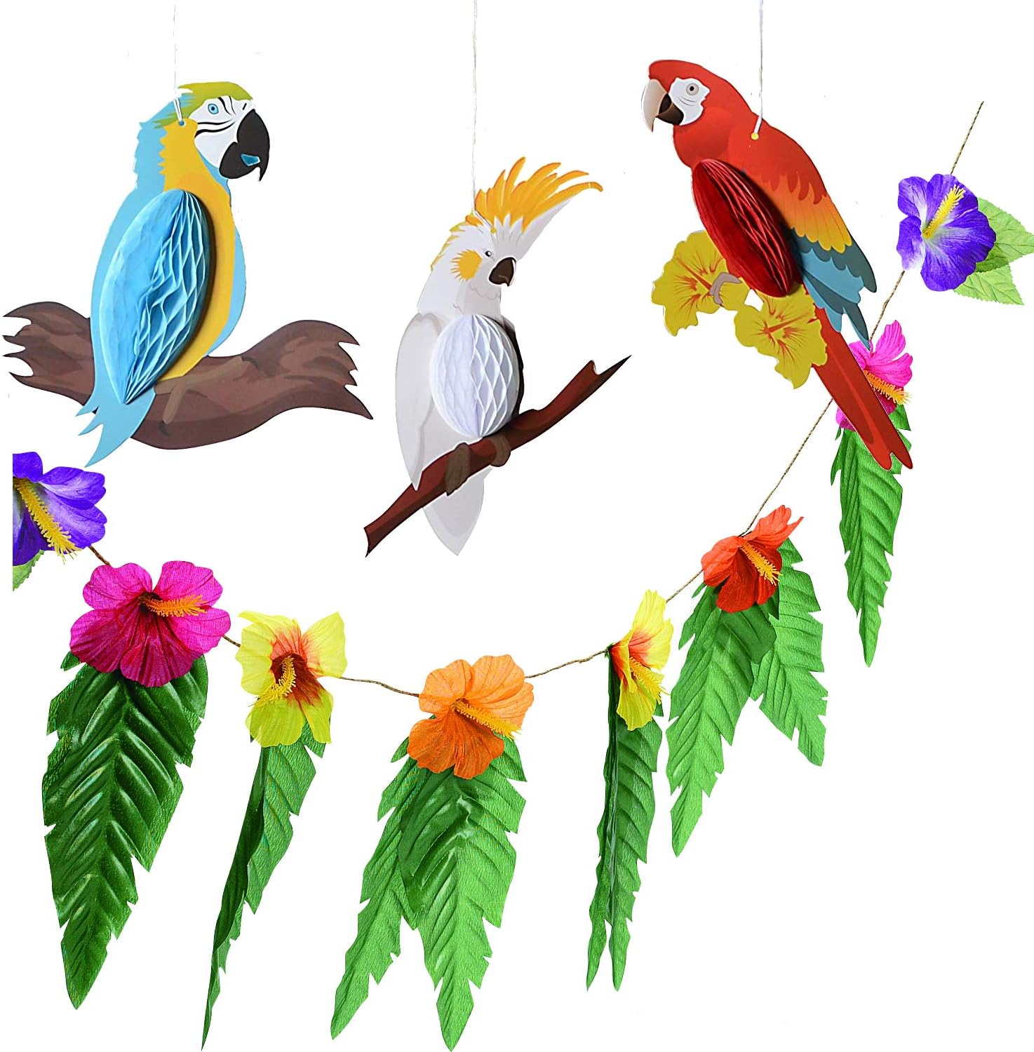 Paperjazz Paper Parrot Honeycomb Birds & Tropical Flower Garland Bundle | Hanging Decorations for Hawaiian Luau Tiki Beach Wedding Tropical Summer Birthday Party