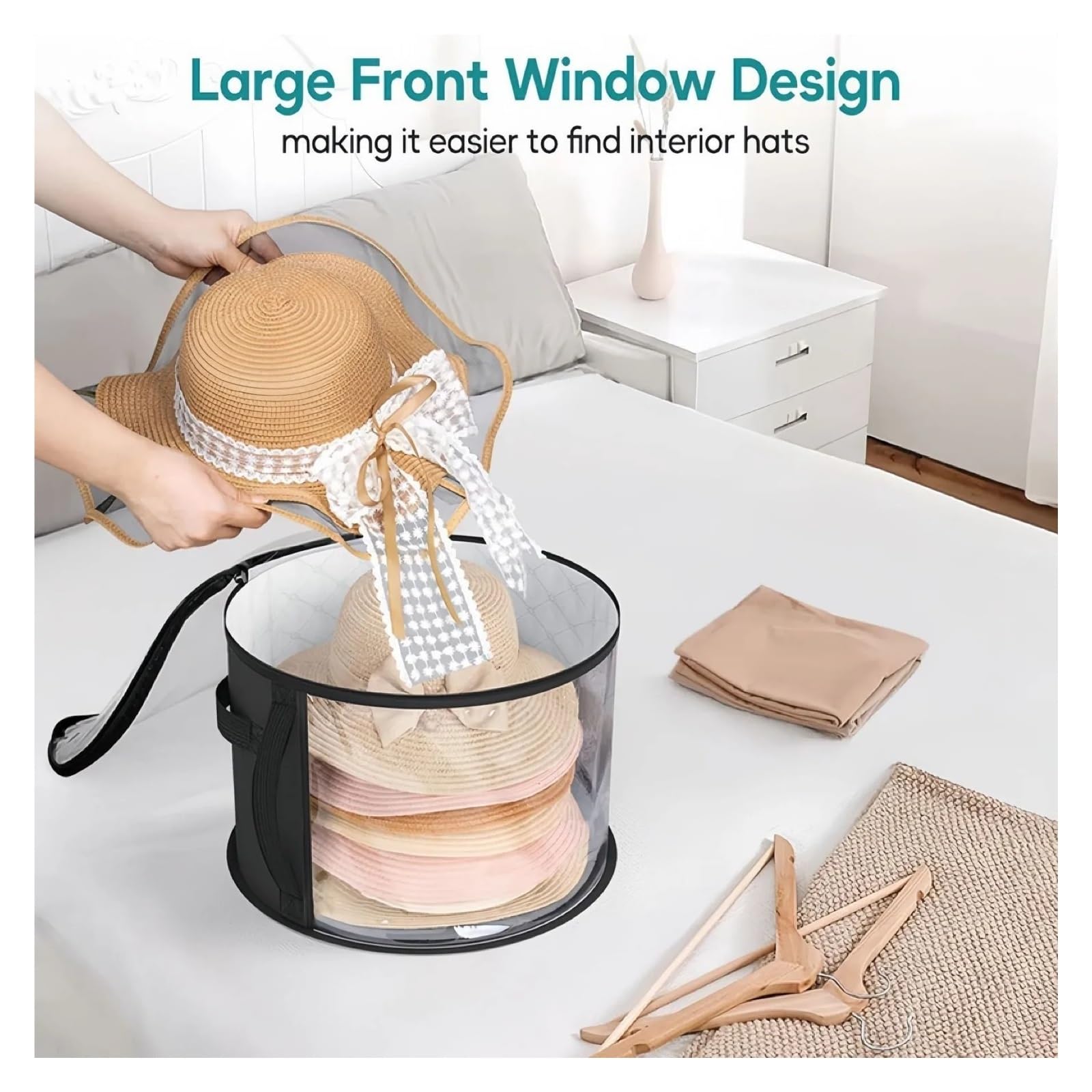 Cubo for Guardar Sombreros, Organizador de Ropa y Sombreros de Viaje, Bolsa Plegable de ala Redonda con asa y Ventana Transparente. para Dormitorio, Mudanza(Gray-2PCS)