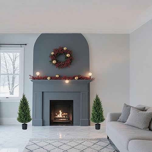 Miniatura 7 de Árboles topiarios artificiales de 3 pies, árboles de cedro artificiales resistentes a los rayos UV, juego de 2 arbustos falsos arbustos para