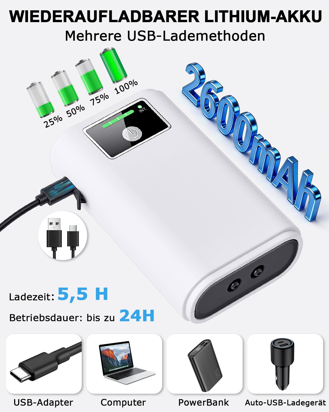 Aquarium Luftpumpe: USB Aquarium Luftpumpe Regelbar, 2600mAh Batterie, Zwei Stromversorgungsmodi, 1.5-2L/min*2