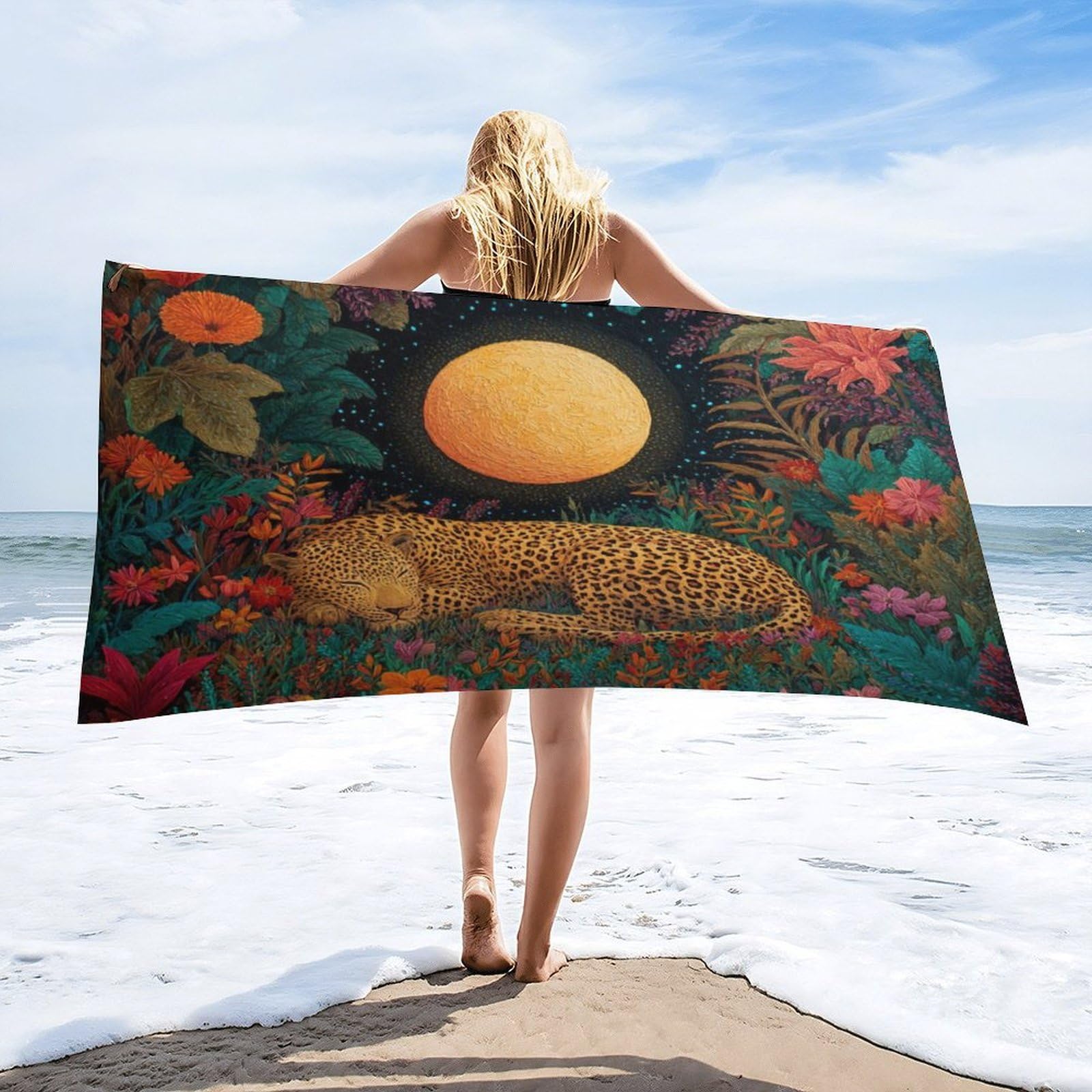 Luyysky Elegant Realistic Animal Leopard Quick-Drying Beach Towel, Retro Ethnic Full Moon Wildlife Cheetah Botanical Flowers Travel Vacation Single Sided Pile Bathroom Towels-80 W Cm X 160" L Cm