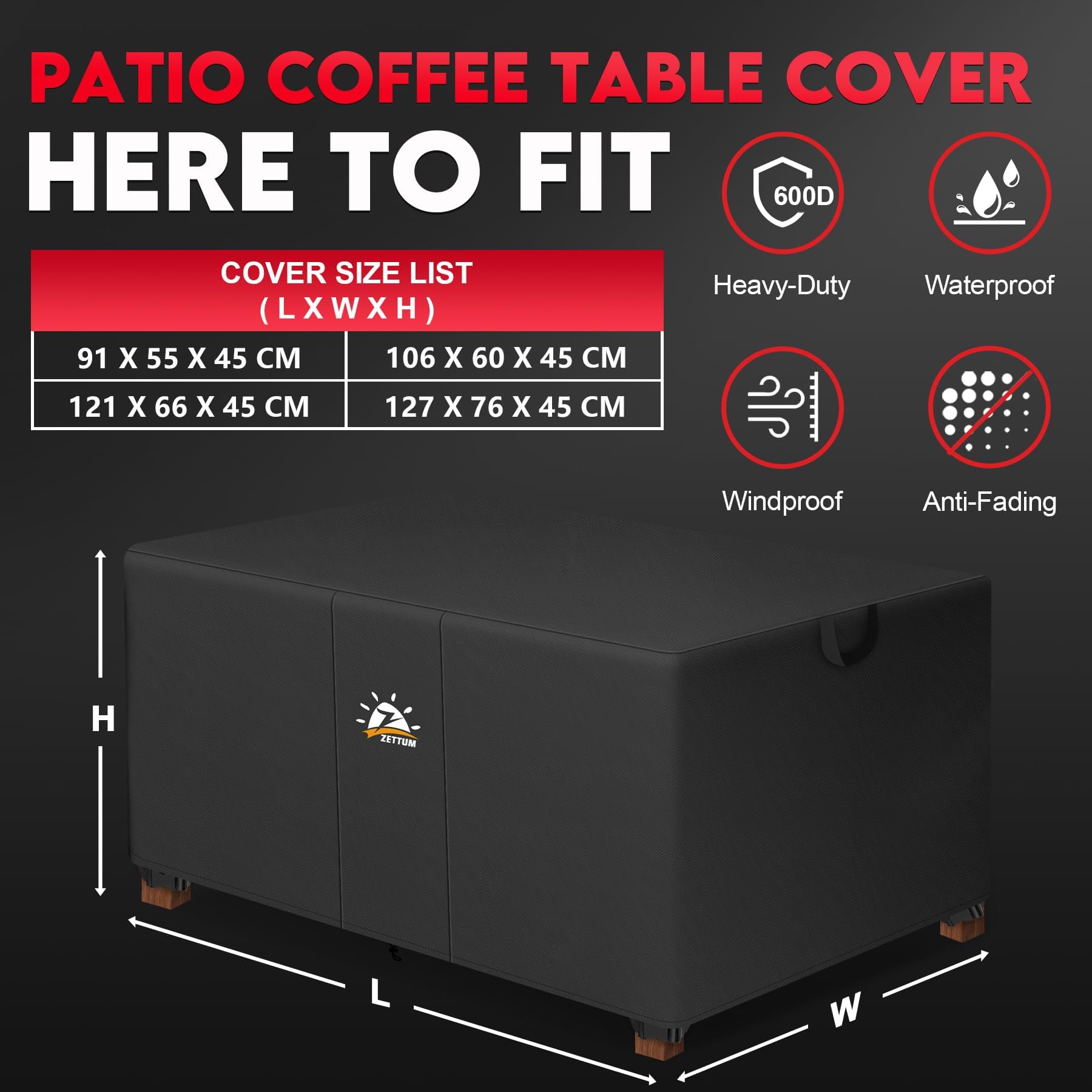 Zettum Housse pour table basse patio 106 x 60 x 45 cm, Tissu Oxford 600D PU Imperméable