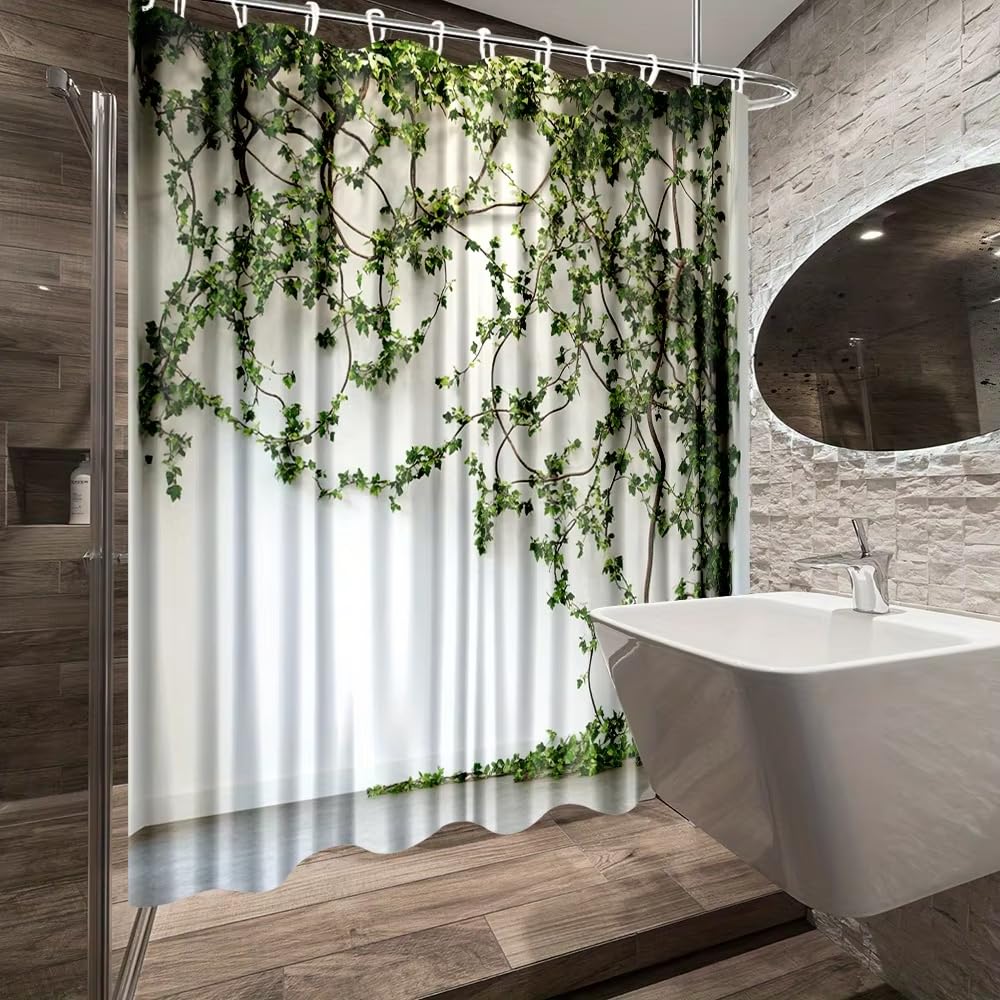 1 tenda da doccia con motivo a vite verde, in tessuto di poliestere per la decorazione del bagno con ganci (244x200 cm (96x79 pollici))