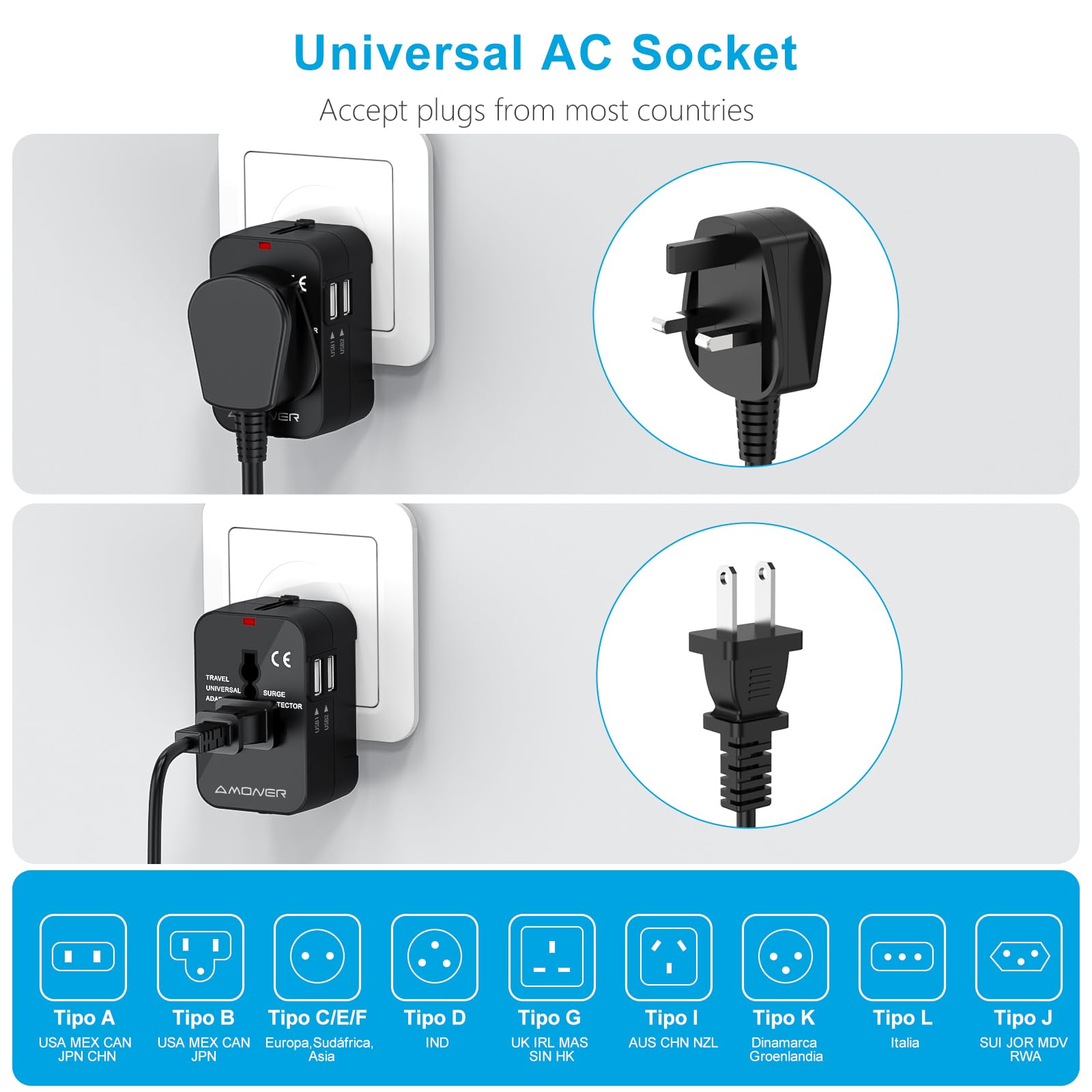 Adattatore da Viaggio, Amoner Adattatore da Viaggio Universale con 2 Porte Caricabatterie USB Adatto per più di 180 paesi (Nero)