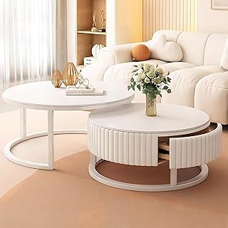 Round Coffee Table Set of 2, Side Table for Living Room, Nest of Tables with Storage & Metal Frame, Sofa Tea Table, Modern Nesting Tables for Small Space, White
