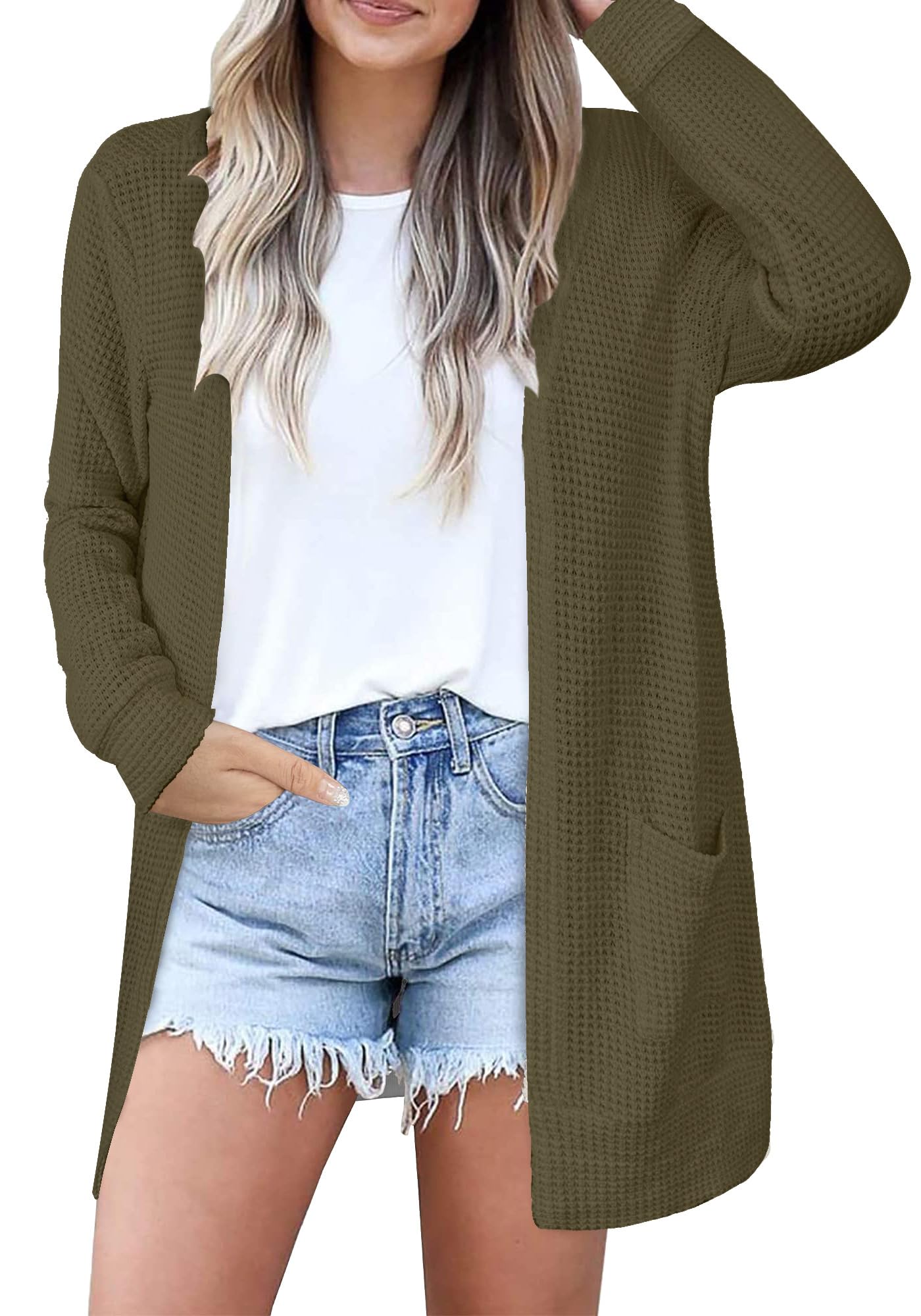 Cardigan Sweaters for Women Lightweight Open Front Waffle Knit Cardigans Casual Loose Fall Outfits for Women 2025