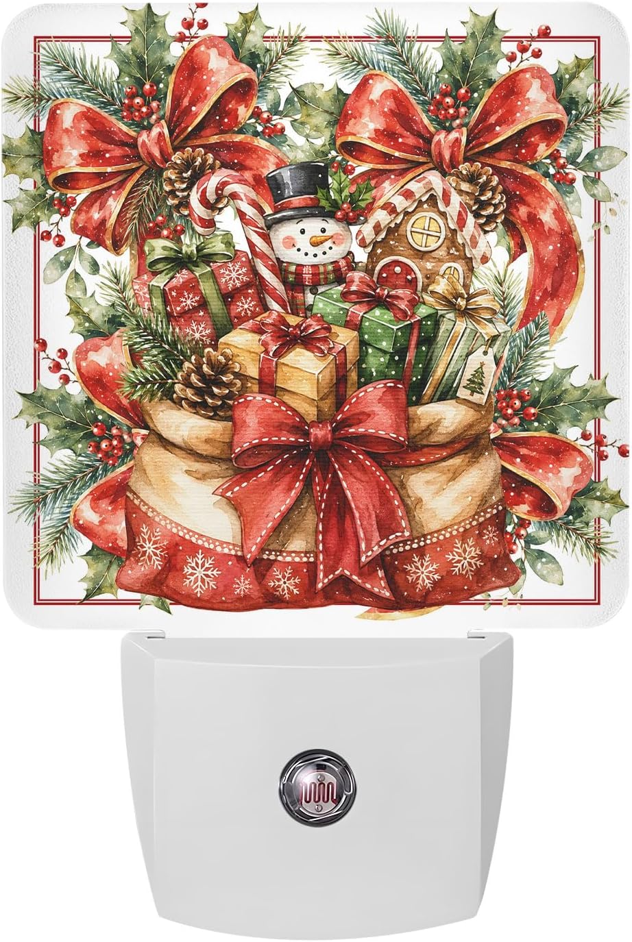 Vintage Christmas Gift Sack Night Light, Snowman Gingerbread House Red Plug in Night Lights with Dusk to Dawn Sensor, Energy Saving LED Nightlight for Bedroom Bathroom Hallway, Auto On/Off
