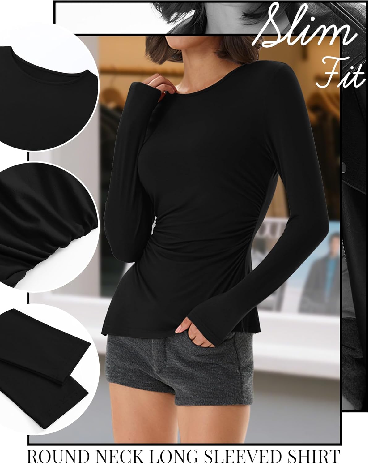 3 Pack Long Sleeve Shirts for Women, Crew Neck Asymmetrical High Low Split Ruched Cute Y2K Going Out Workout Tops(Black, White, Brown,XX-Large) - Image 4