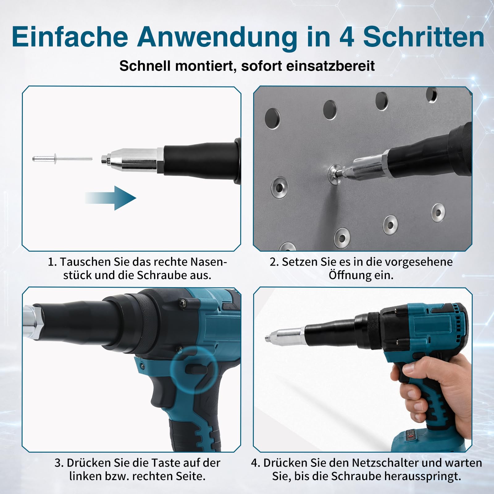Akku Nietzange für Makita 21V Akku, 50000N Bürstenlose Blindnietzange, Automatischer Elektrische Popnietenzange, Mit 3.2/4.0/4.8mm Adaptern(ohne Batterien)