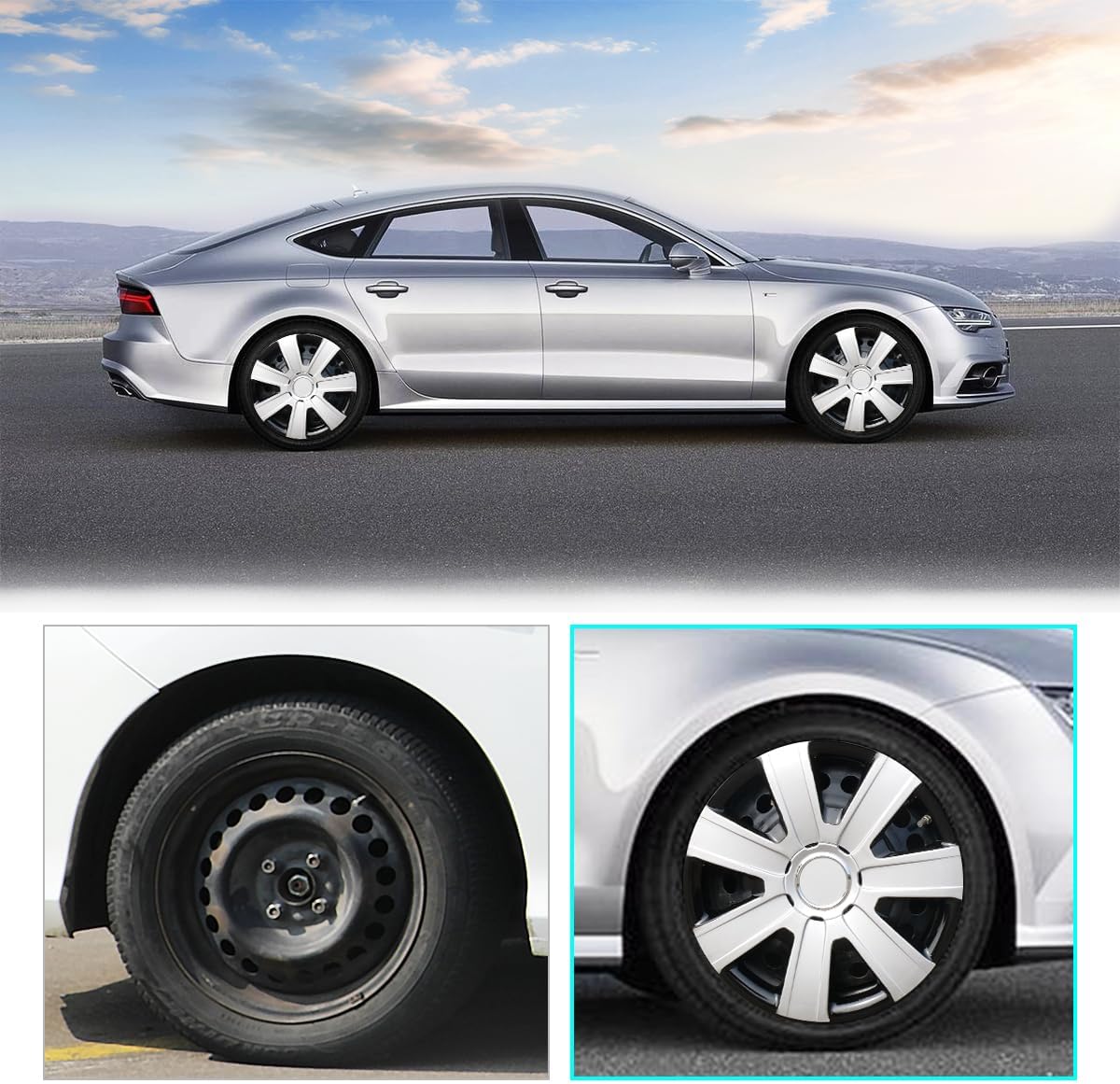 Hubcaps 14", Wheel Rim Cover Universal R14 Hub Caps, Snap On Car Pickup Truck SUV, Lacquer Wheel Covers, PP Material, 4 Pack, Silver & Black Lacquer