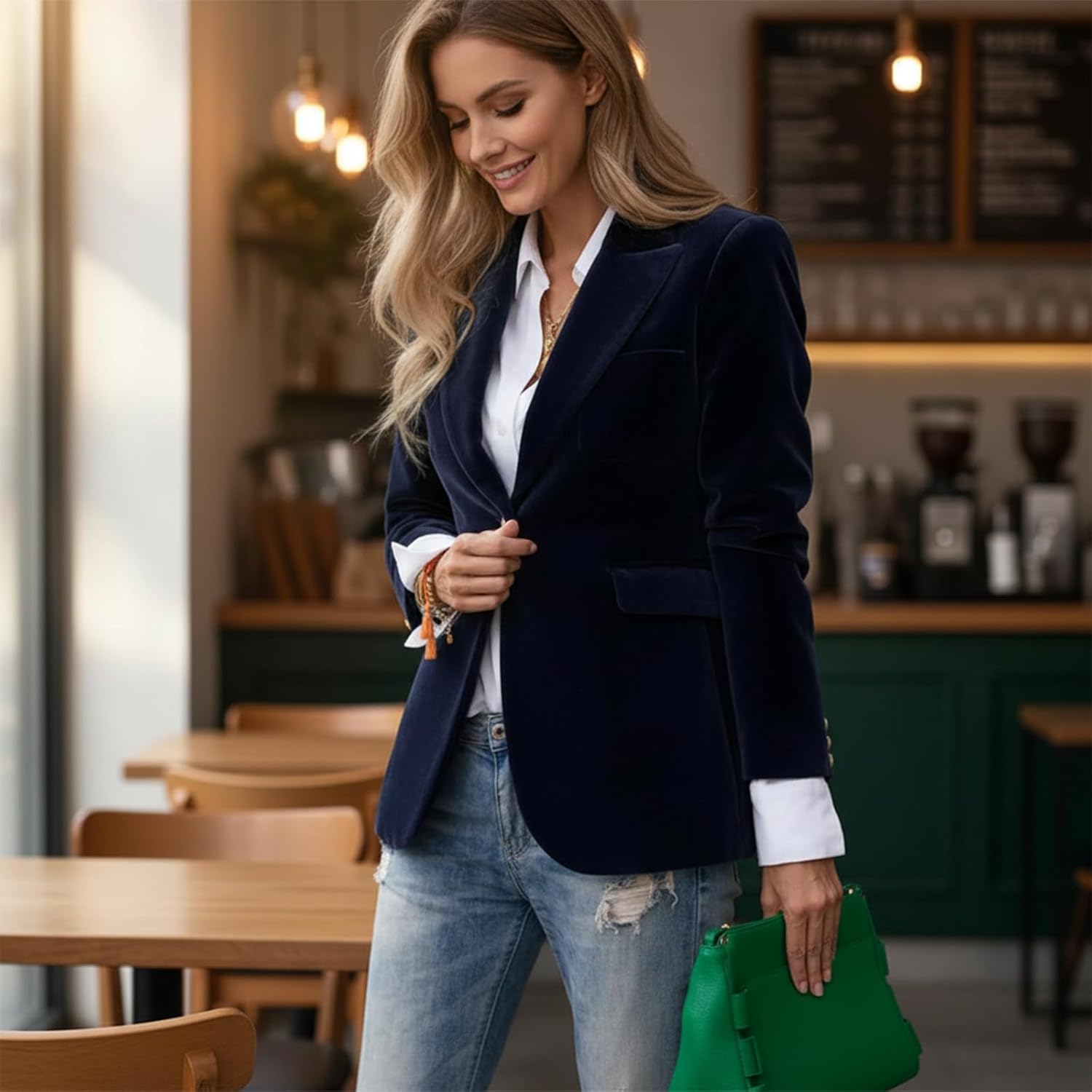 Women's Velvet Blazer – Single Button Business Casual Jacket with, Long Sleeve Soft Velvet Suit Coat