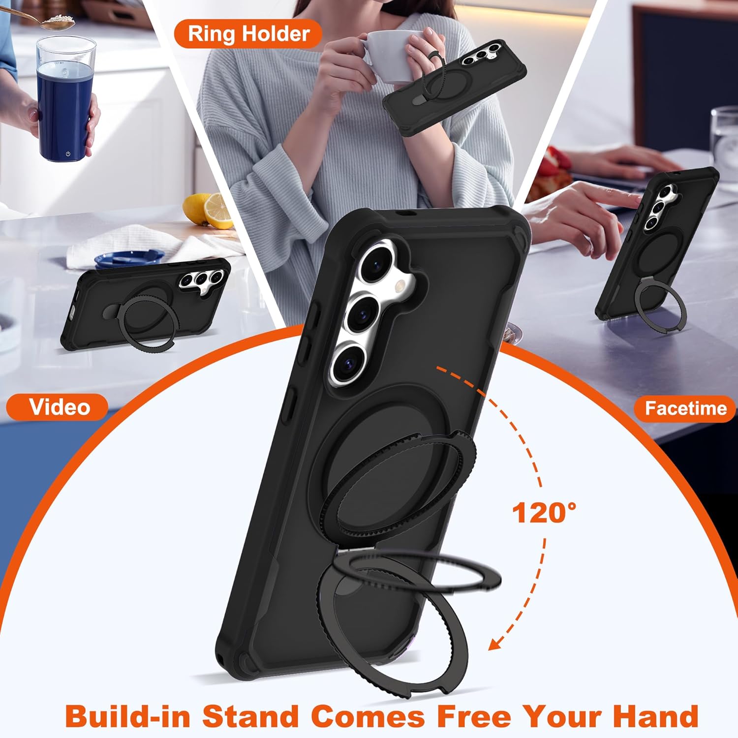 Designed for Samsung Galaxy S24 & S25 Case 6.2'' with Magnetic Ring Stand [Military Drop Protection][Compatible with MagSafe] Shockproof S24 & S25 Phone Case for Men Wowen,Black