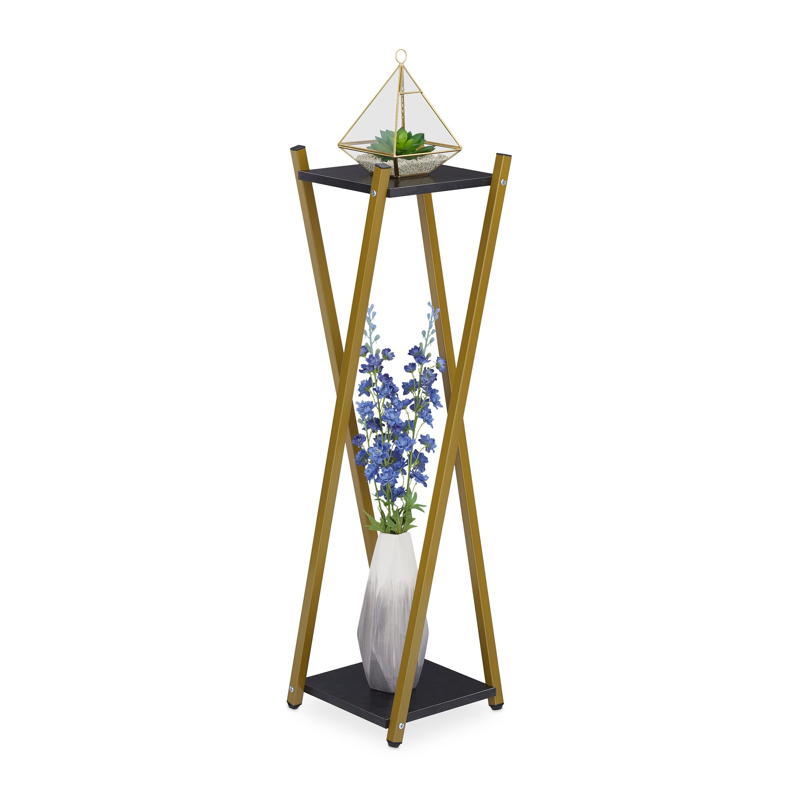 Relaxdays Étagère à Plantes, 2 Surfaces Effet marbre, Tabouret Moderne Fleur, HxLxP : 99x29x29 cm, Colonne, doré-Noir