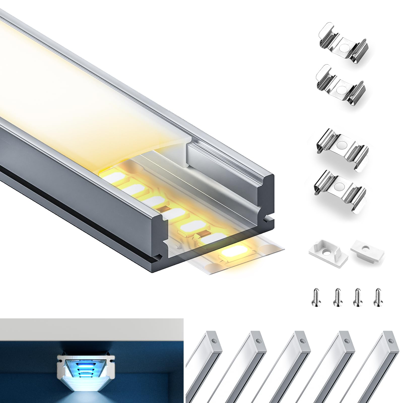 HOOLED Profilo Alluminio per Strisce Led Schermatura Opaca 2m x 5pz (10m), Adatto per Strisce Luminose Di Diversi Produttori,17,4mm x 7mm Larghezza Massima 12,4 mm,(SP26)