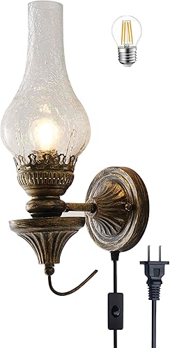 Aplique de pared vintage de 16 pulgadas con enchufe, estilo rústico antiguo, lámpara de pared de mesita de noche, bronce aceitado, iluminación de