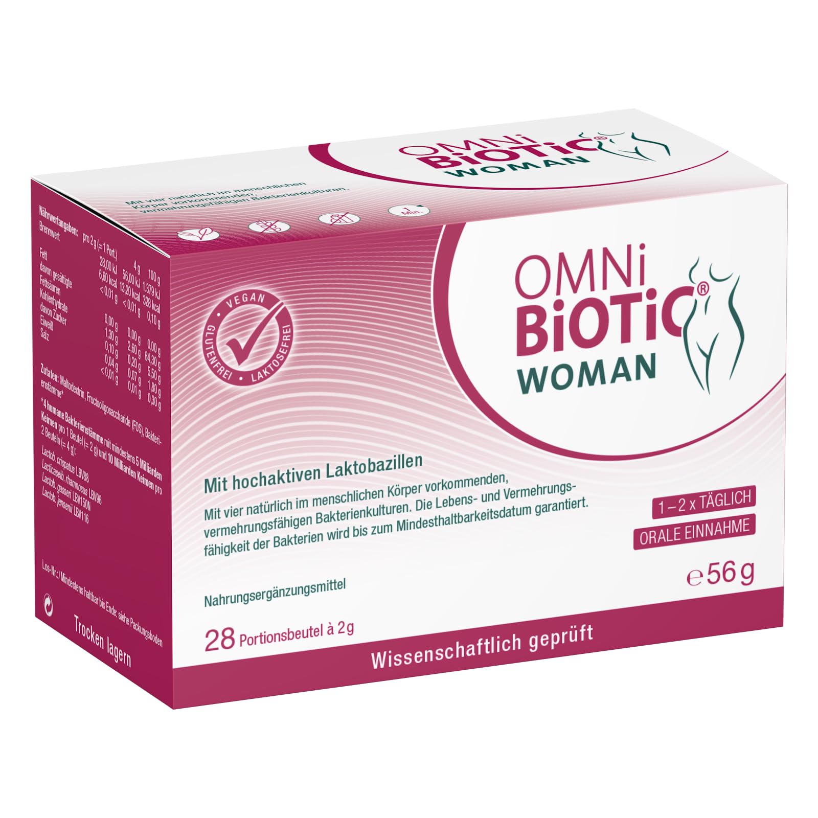 OMNi BiOTiC WOMAN | Für Frauen entwickelt | 4 Bakterienstämme | 10 Mrd. Keime pro Tagesdosis | Pulver | Vegan - Glutenfrei - Laktosefrei | Zur täglichen Anwendung - Einfach trinken | 28 Portionen