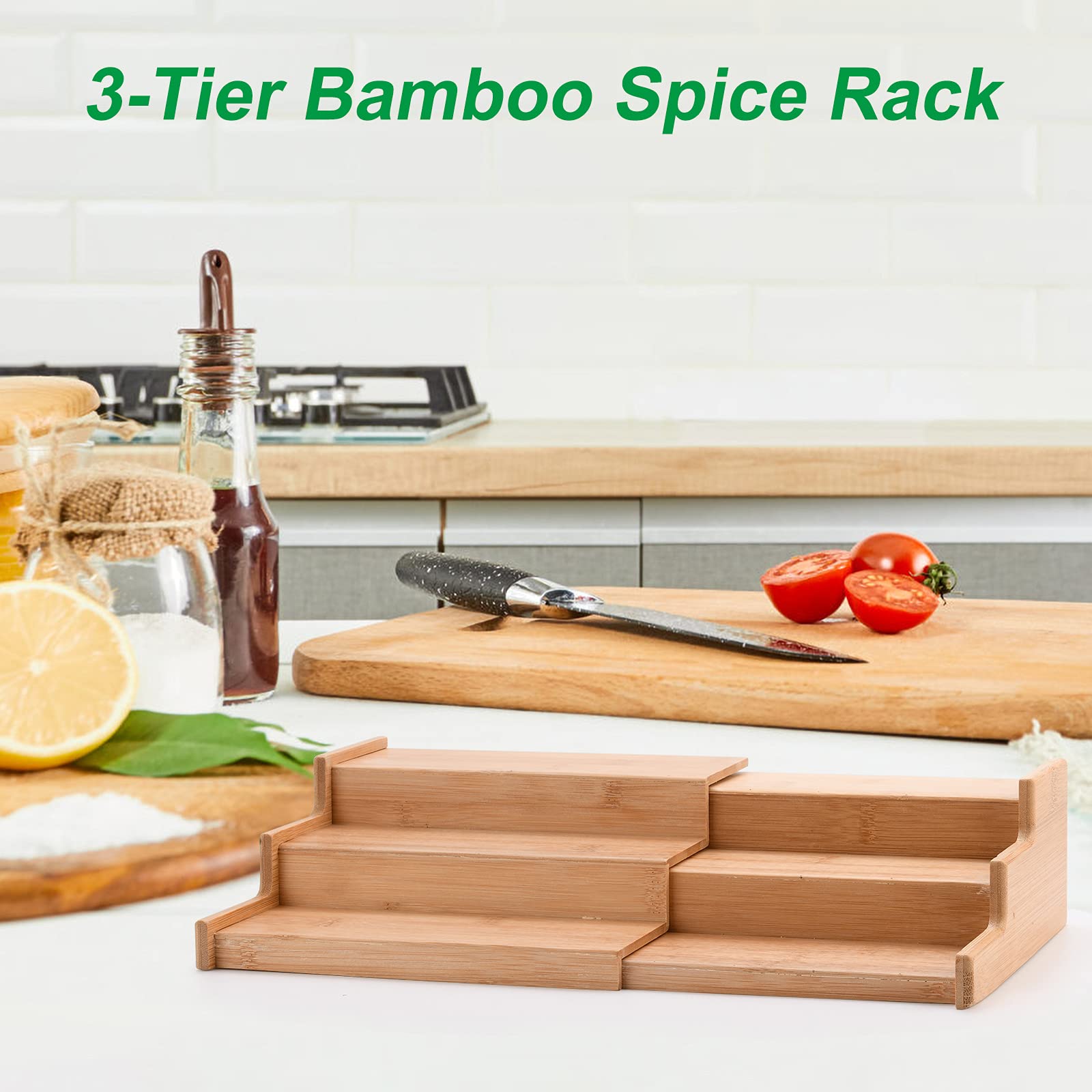 Estante de especias de bambú expandible de 3 niveles que ahorra espacio, exhibición de encimera de cocina para condimentos, hierbas y especias, perfecto para uso doméstico y restaurante