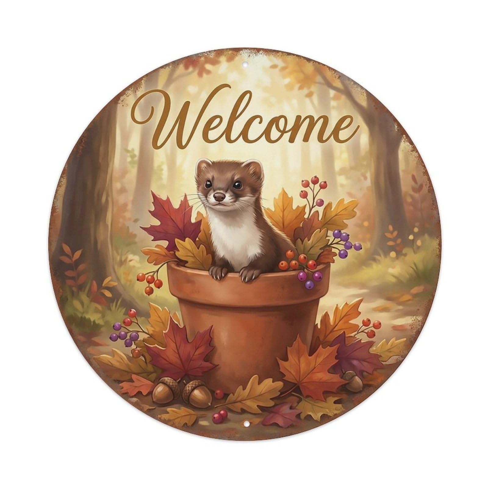 Welcome Stoat Autumn Leaves Metal Tin Sign