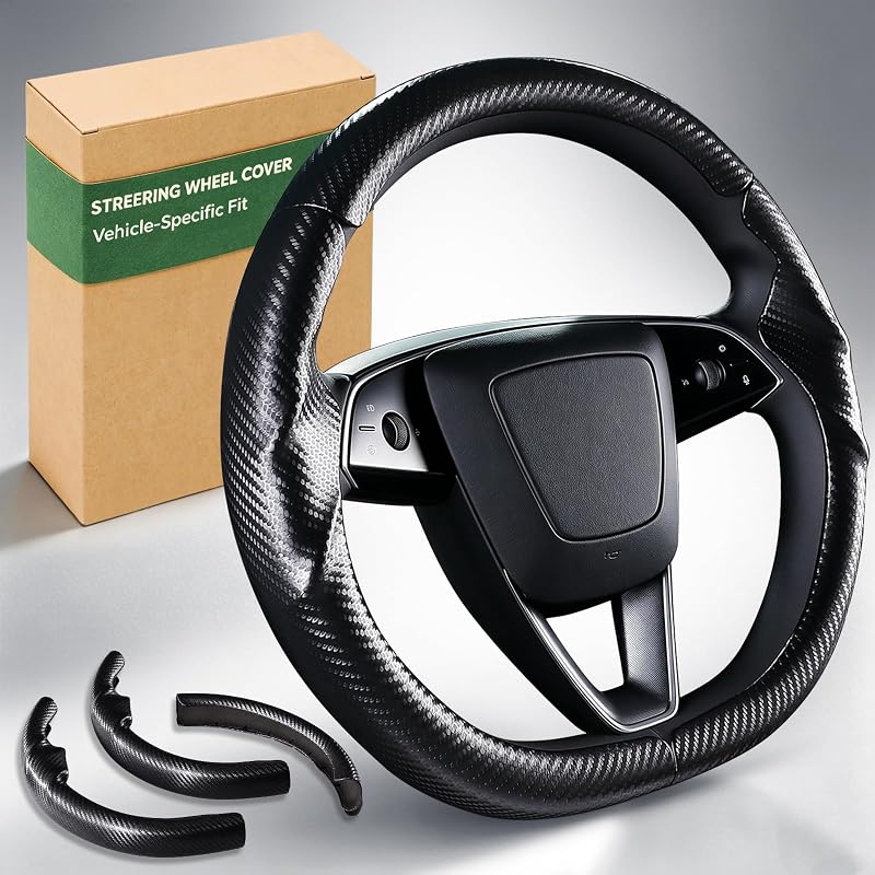 Capa para Volante Tesla Model 3 Highland e Model Y Juniper em Fibra de Carbono Preto Fosco Aimato, Kit com 3 Peças