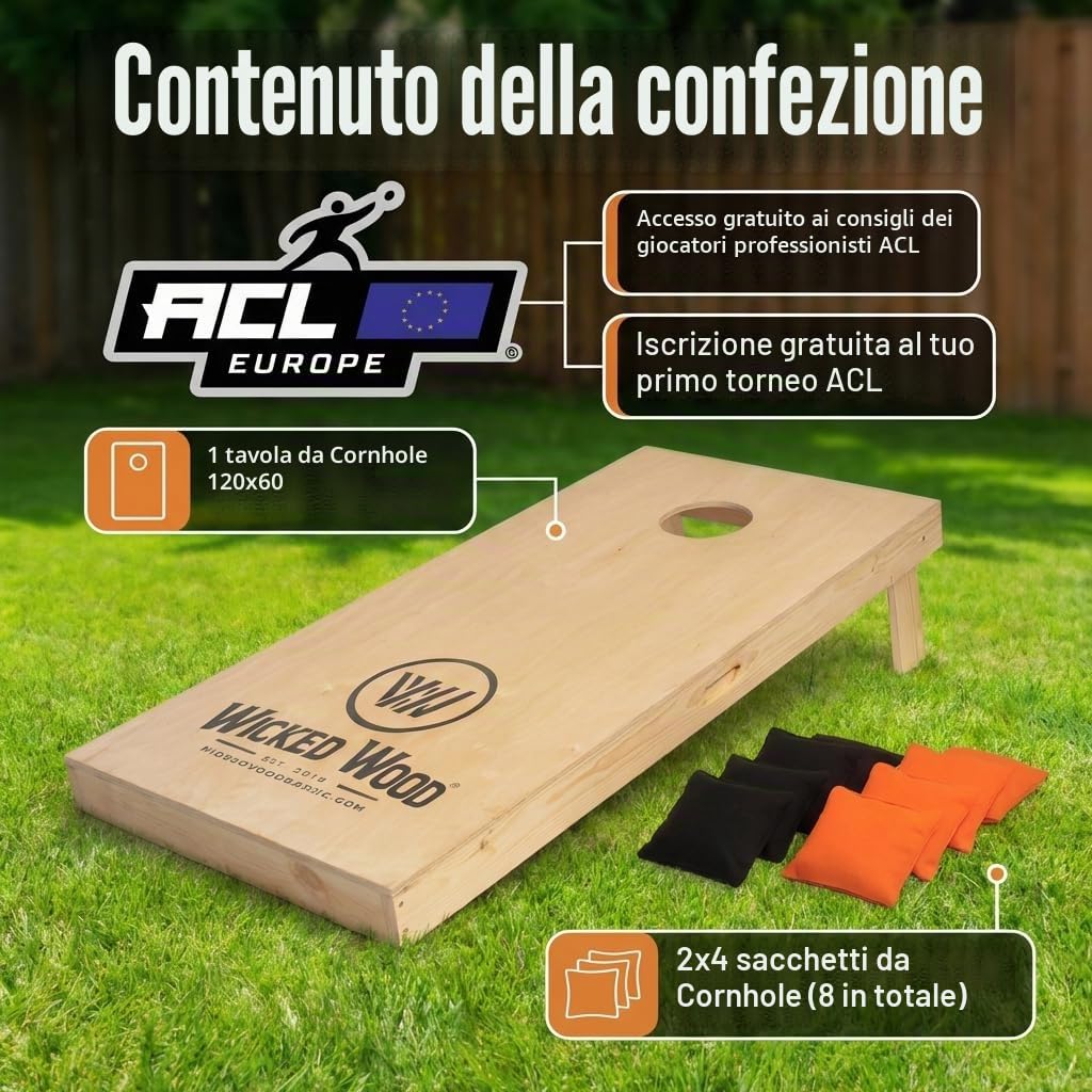 Cornhole Starting Kit – Wicked Wood – Approvato ACL – 120x60 cm – Include 1 Tavola & 2x4 Sacchetti – Per Esterni