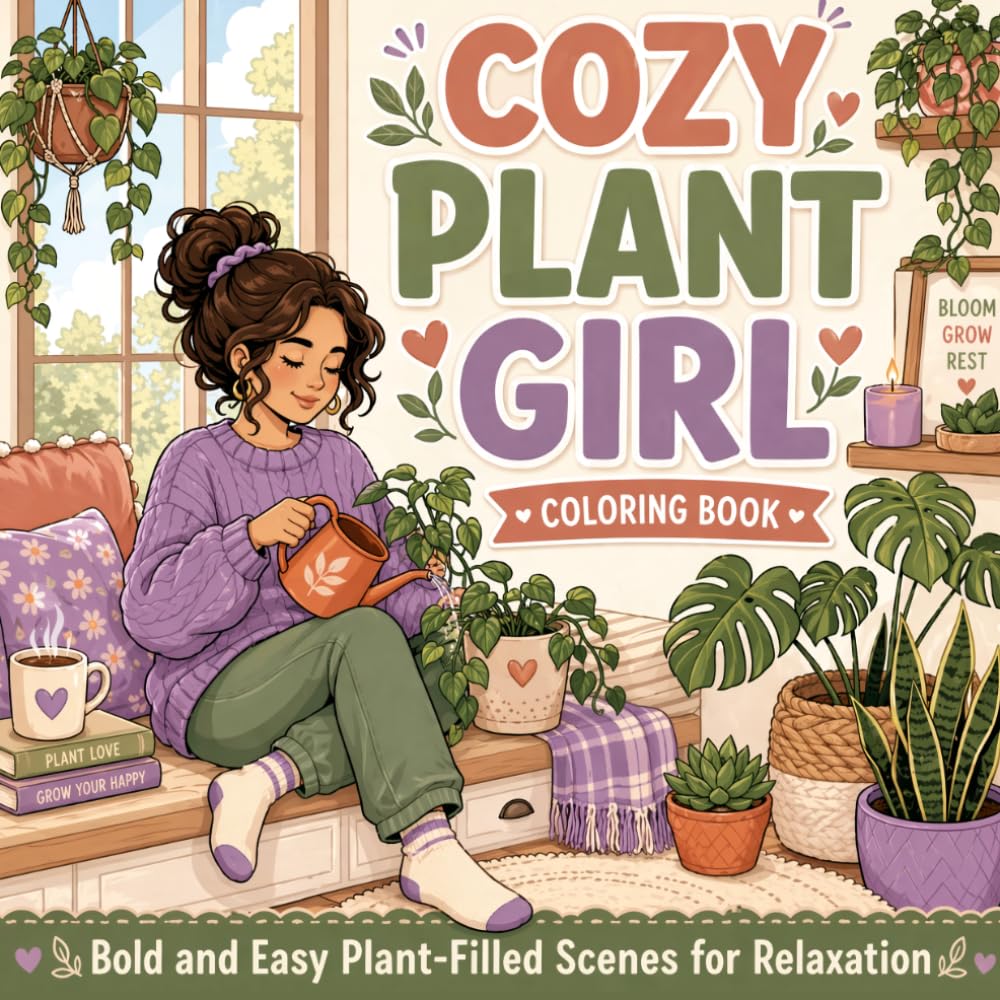 Cozy Plant Girl Coloring Book: Bold and Easy Coloring Book for Women with Calming Plants, Cozy Rooms, and Peaceful Moments for Stress Relief and Relaxation