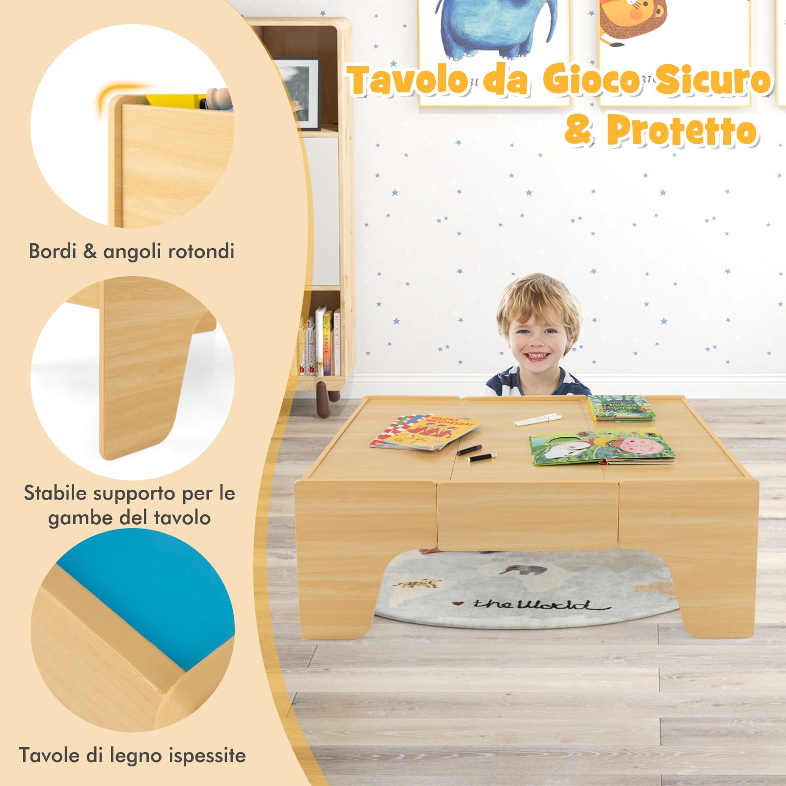 GYMAX Tavolo e Set Ferrovia in Legno, Set Gioco Colorato da 80/84 Pezzi con Piano Reversibile, Cassetto, Binari, Treni, Figure, Macchinine, Tavolo Giocattolo Educativo per Bambini 3 Anni+ (Stile 1)