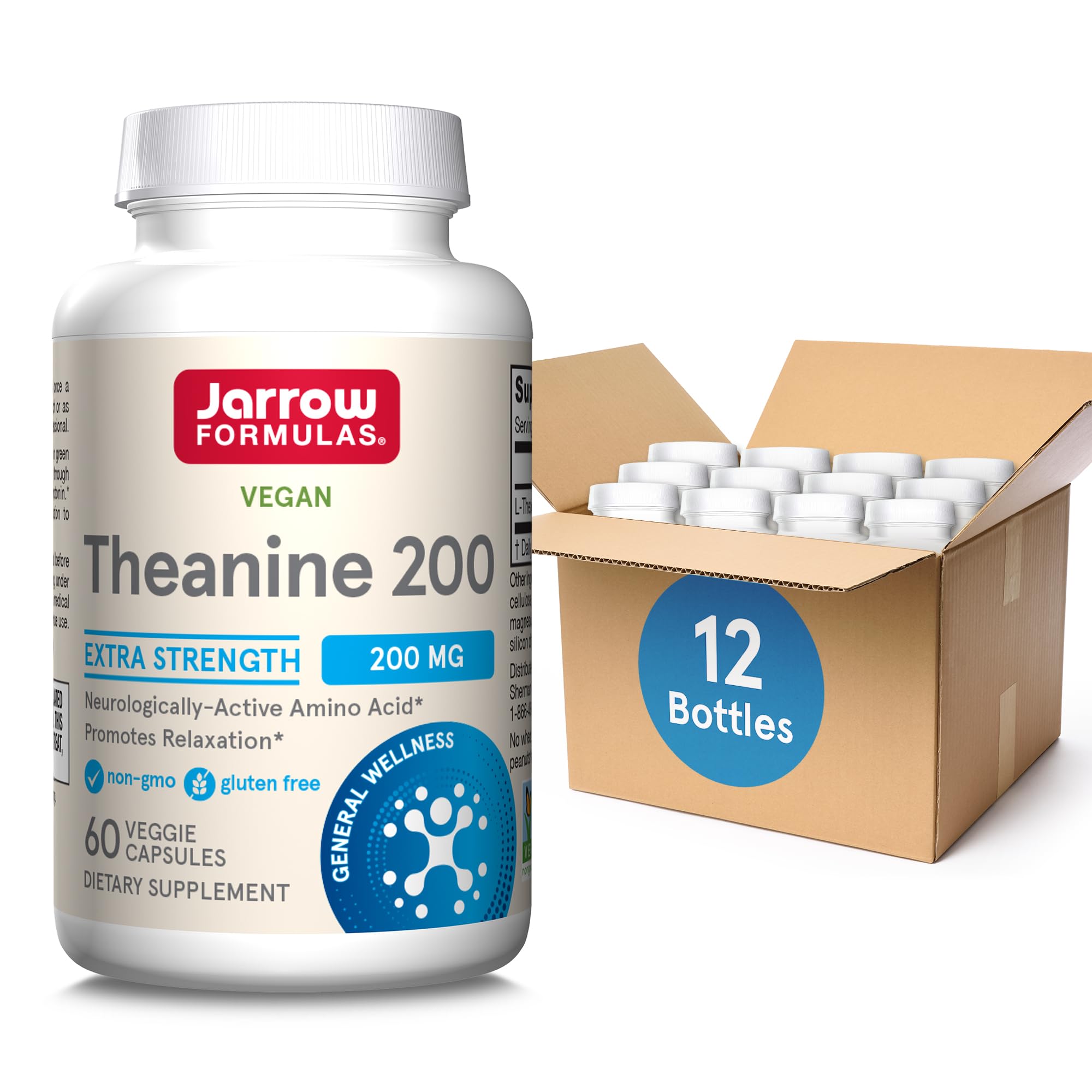 Jarrow Formulas Extra Strength Theanine 200 mg, Dietary Supplement That Promotes Relaxation, Amino Acid Supplement for Relaxation Support, 60 Veggie Capsules, 6