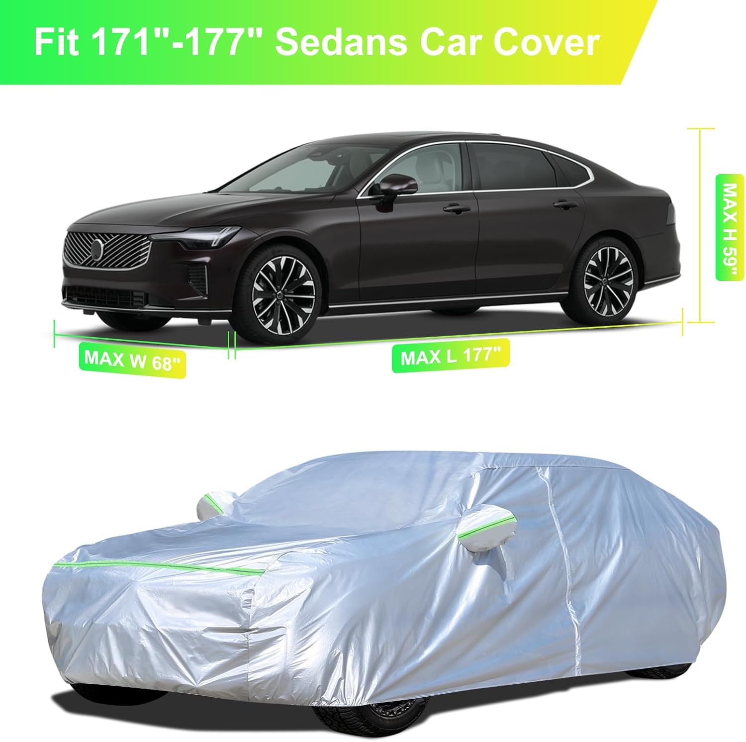 Sedan Car Cover (171-177 inches) - Universal Fit, Waterproof, Dupont Oxford, All Weather, Hail Protector, Sun Protection, Door Zipper
