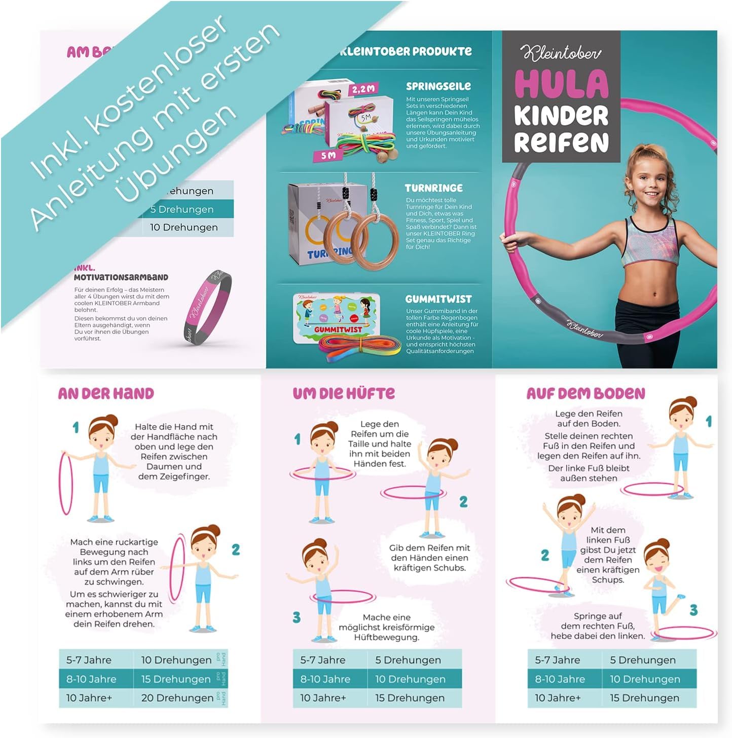 KLEINTOBER I Premium Hula Reifen für Kinder & schlanke Erwachsene I Set mit Hula Übungsanleitung I Gymnastik Reifen Kinder I Hoola Hoop Reifen Kind I Hullahub Reifen I