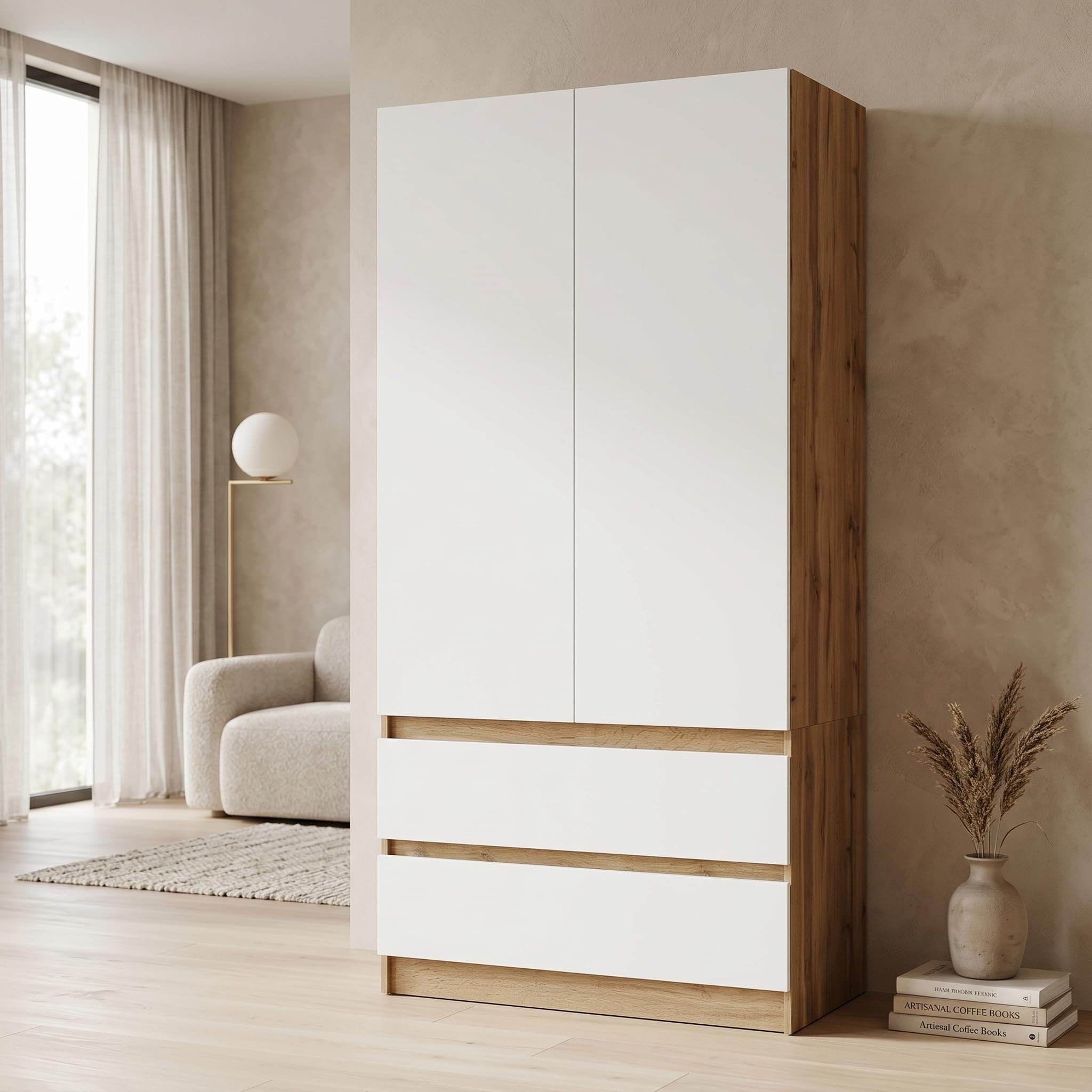 Happy Babies Armadio bicolore, 90 cm, antracite/bianco, armadio con 2 cassetti, moderno guardaroba per camera da letto, camera dei ragazzi, 90 x 180 x 50 cm (rovere Votan, bianco)