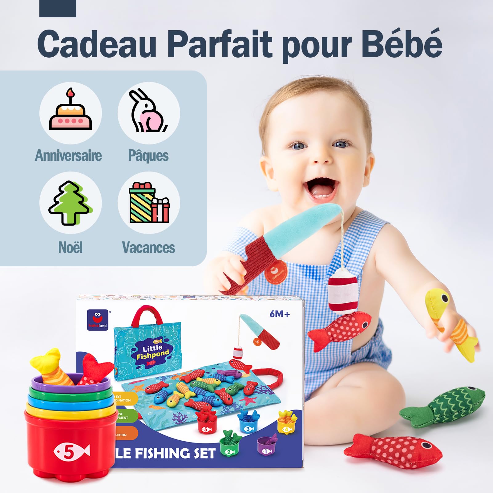 hahaland Jouet Bebe 1 an, Jeux Montessori Pêche a la Ligne pour Enfant 1 2 3 Ans, Jouet Éducatif pour Développer la Motricité Fine, Cadeau pour Garcon Fille 6 9 12 18 Mois