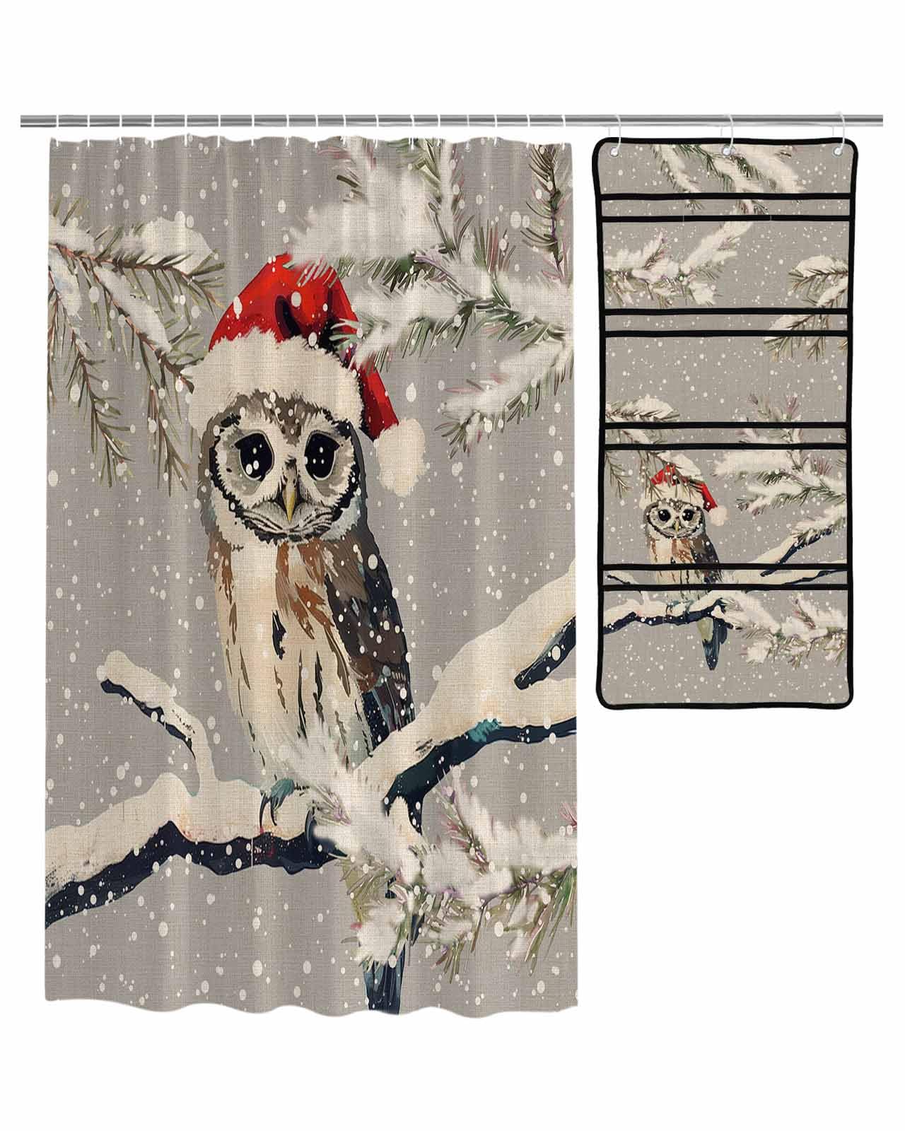ZFUNCING Shower Curtain Mesh Shower Organizer Set Christmas Winter Owl with Santa Hat Waterproof Bath Curtains Hanging Shower