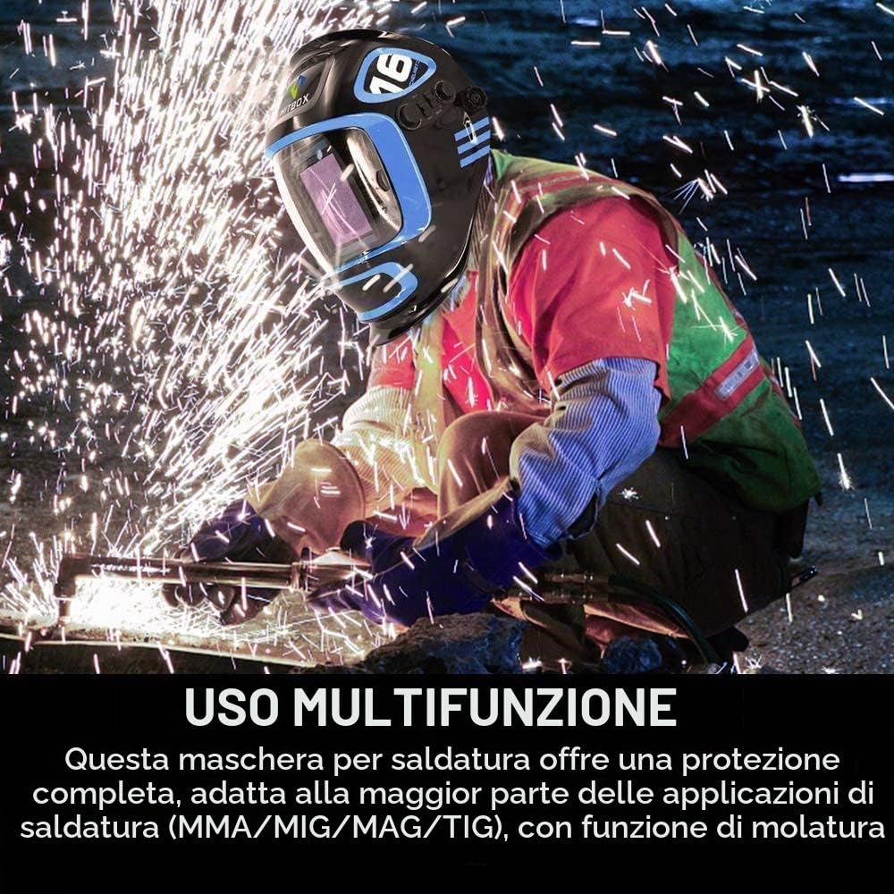 HITBOX Maschera da Saldatore Automatica – Grande Schermo 3,94" x 3,66" con Oscuramento Automatico True Color, Casco da Saldatura Solare con 4 Sensori ad Arco DIN 5/9