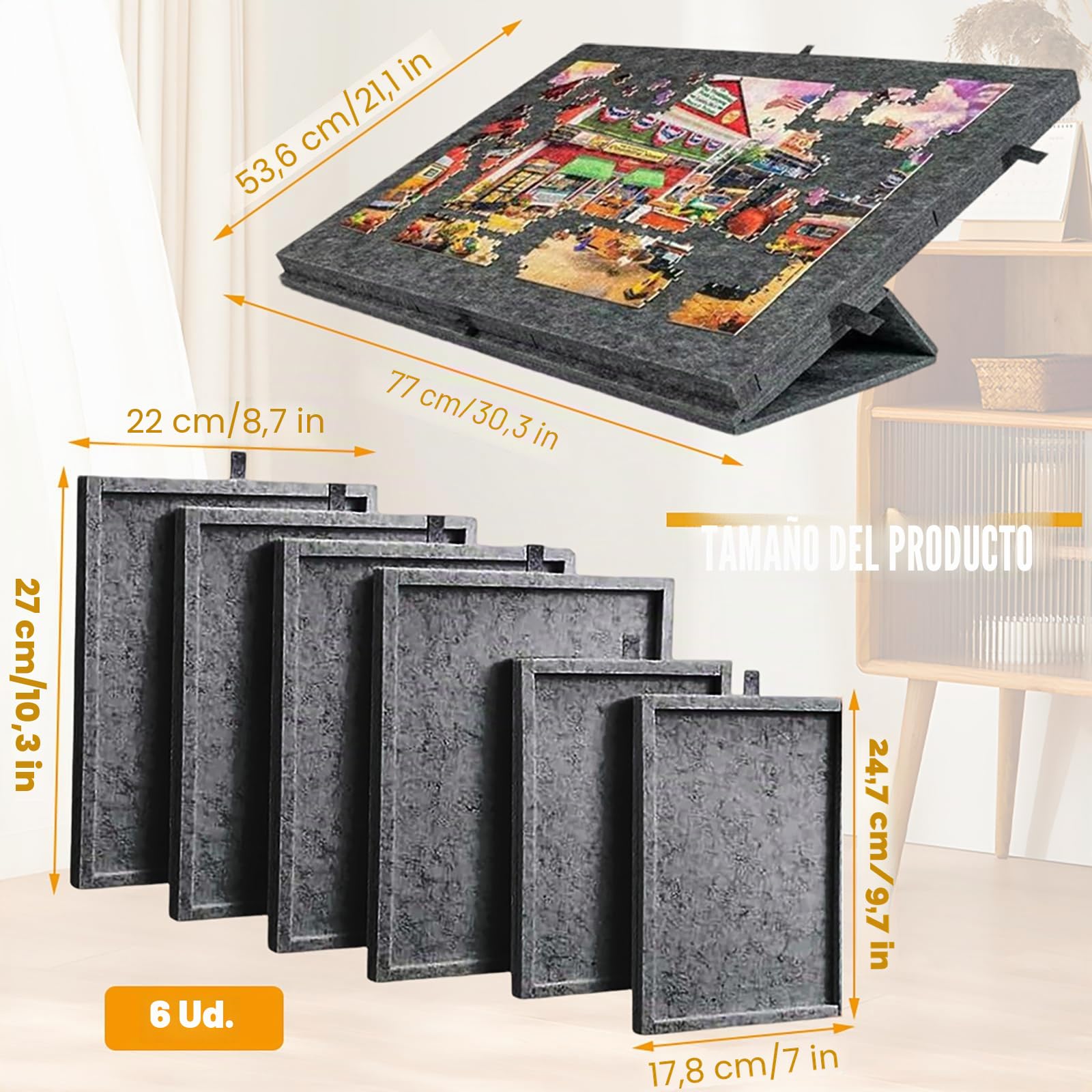Tablero Puzzle para 1000 Piezas, Puzzles Board con 6 Cajones Clasificadoras, Tapete Puzzle de Fieltro Ligero con Soporte 2 en 1, Portátil Mesa Puzzles 52 x 77 cm, Negro