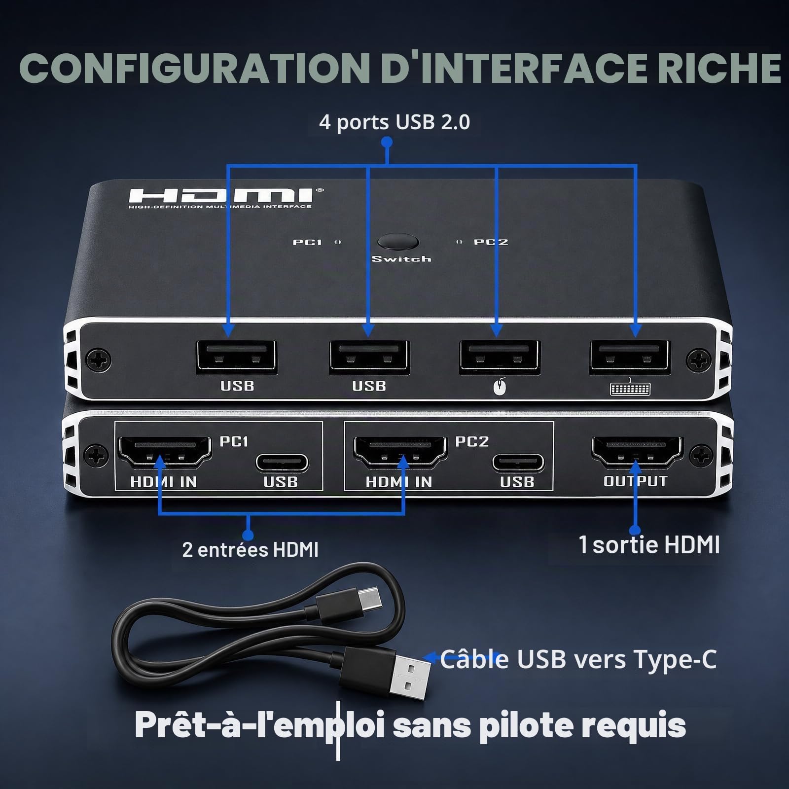 Commutateur KVM HDMI 2 PC 1 moniteur 4K 60 Hz KVM Switch pour 2 in 1 out | Plug&Play, 2 entrées 1 sortie, USB 2.0, télécommande IR incluse, idéal pour gaming, stable & fiable