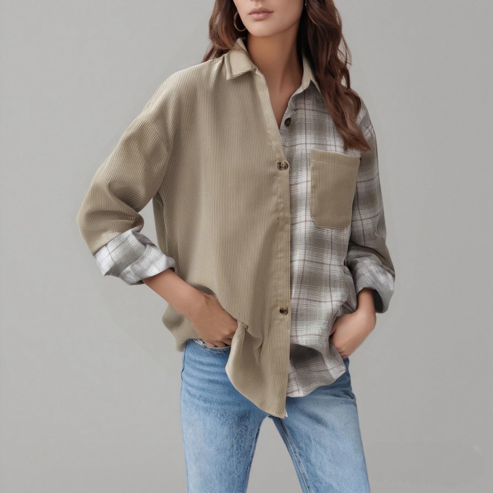 Blusa para mujer, camisa de pana a cuadros de color a cuadros, manga larga, abotonada, blusas de gran tamaño, tops con bolsillos