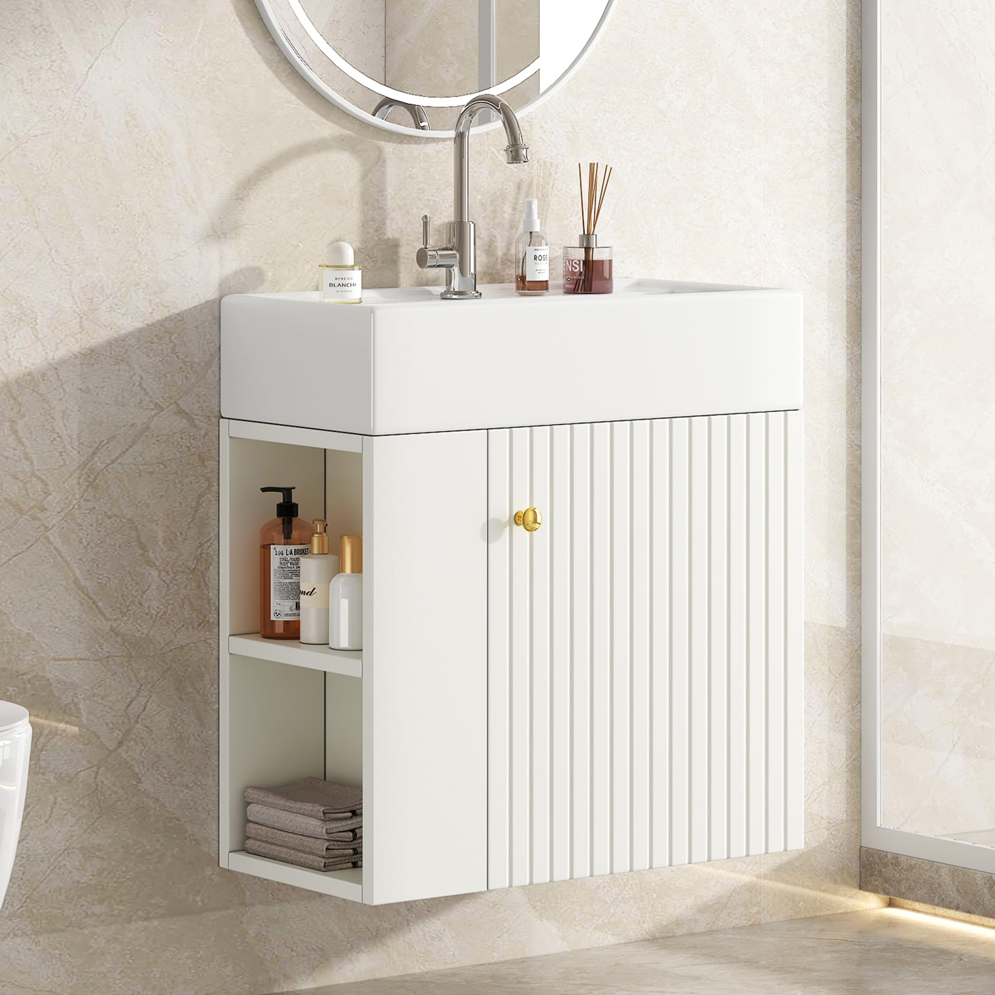 Lavabo per WC per gli ospiti, con mobiletto da 55 cm, mobiletto sospeso, piccolo mobile da bagno per gli ospiti, bianco