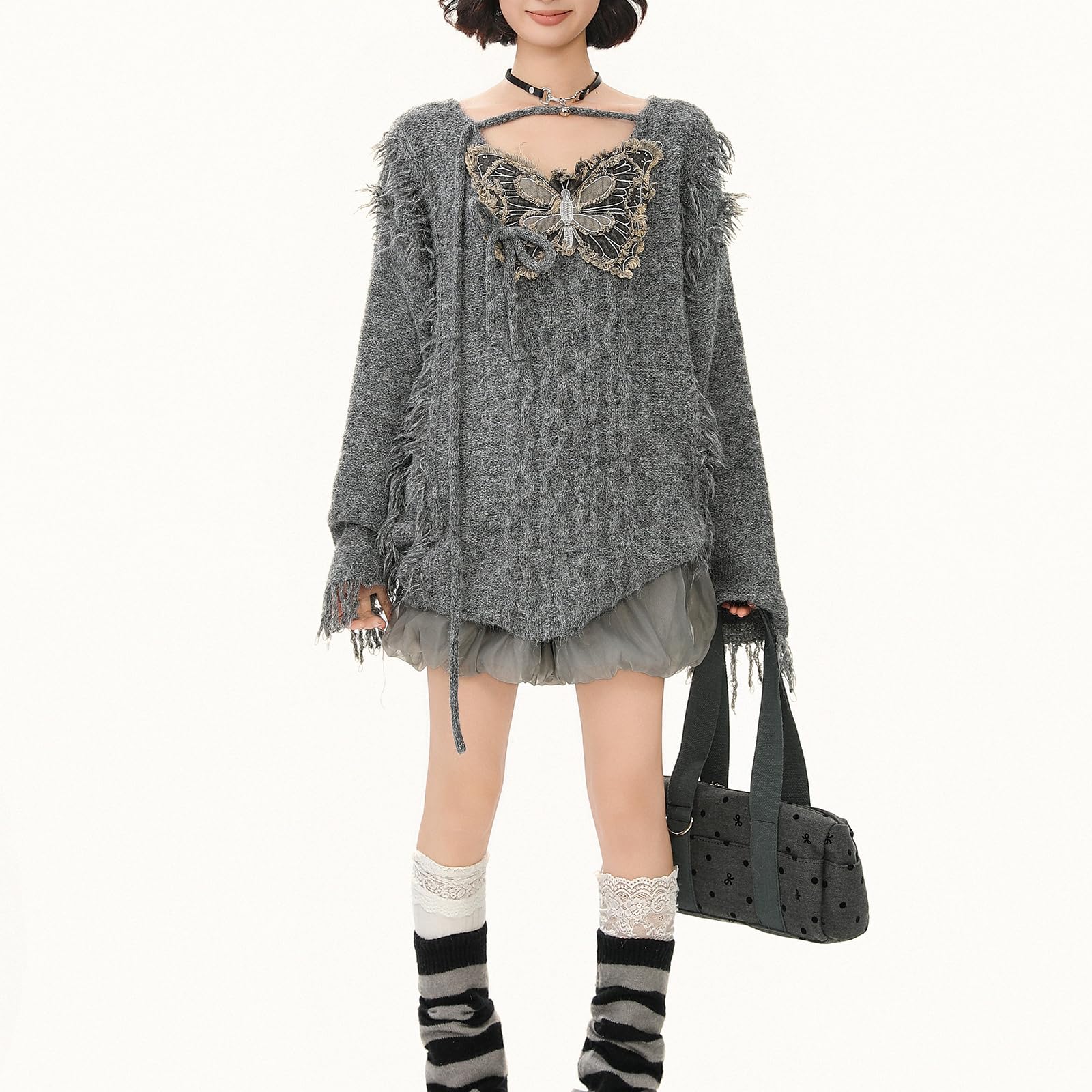 Damski sweter oversize z dzianiny z motywem motyla, postrzępione brzegi, frędzle, top Y2K w stylu punk