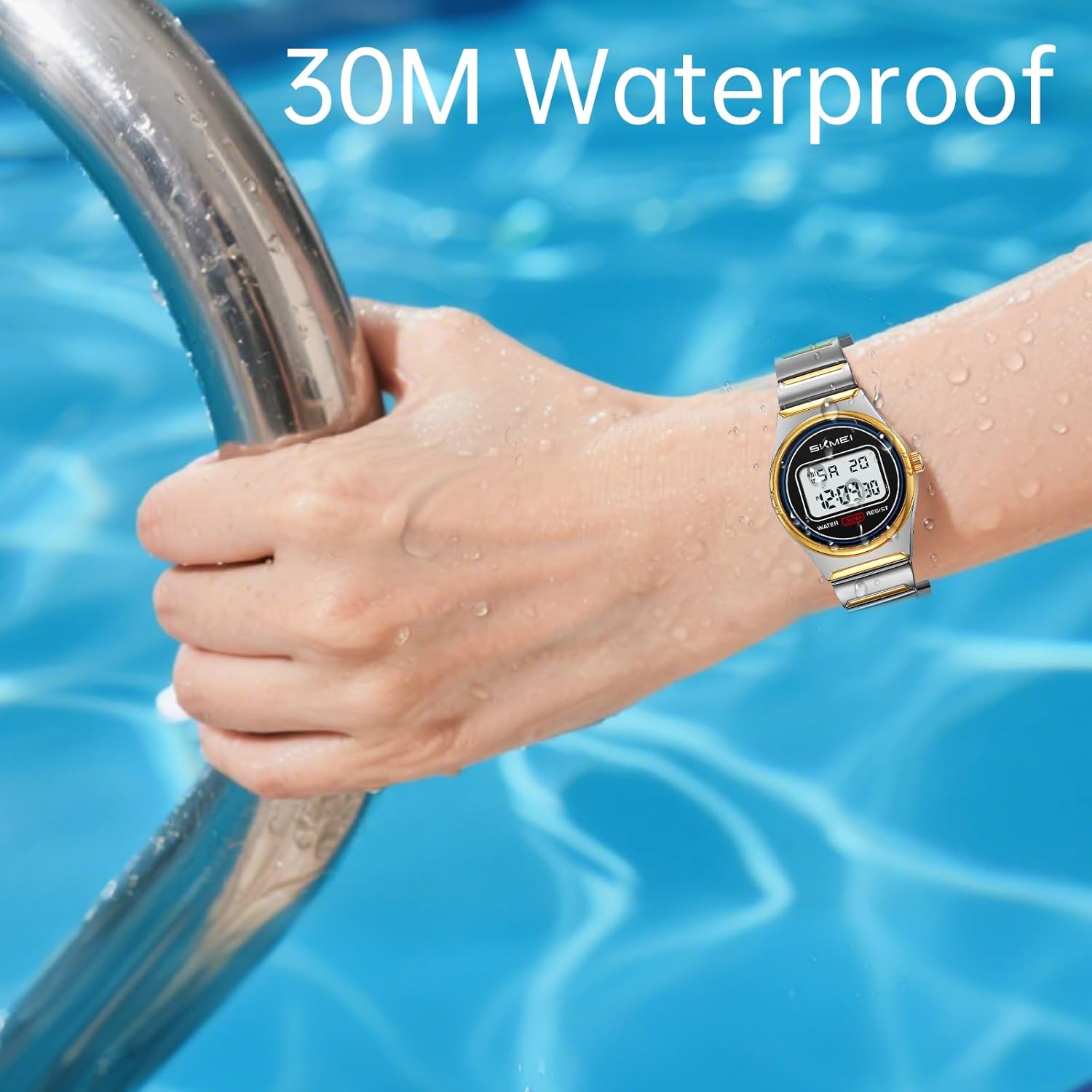 SKMEI Elegant Women's Digital Watches Waterproof Fashion Ladies Stainless Steel Wristwatch with LED Light Alarm