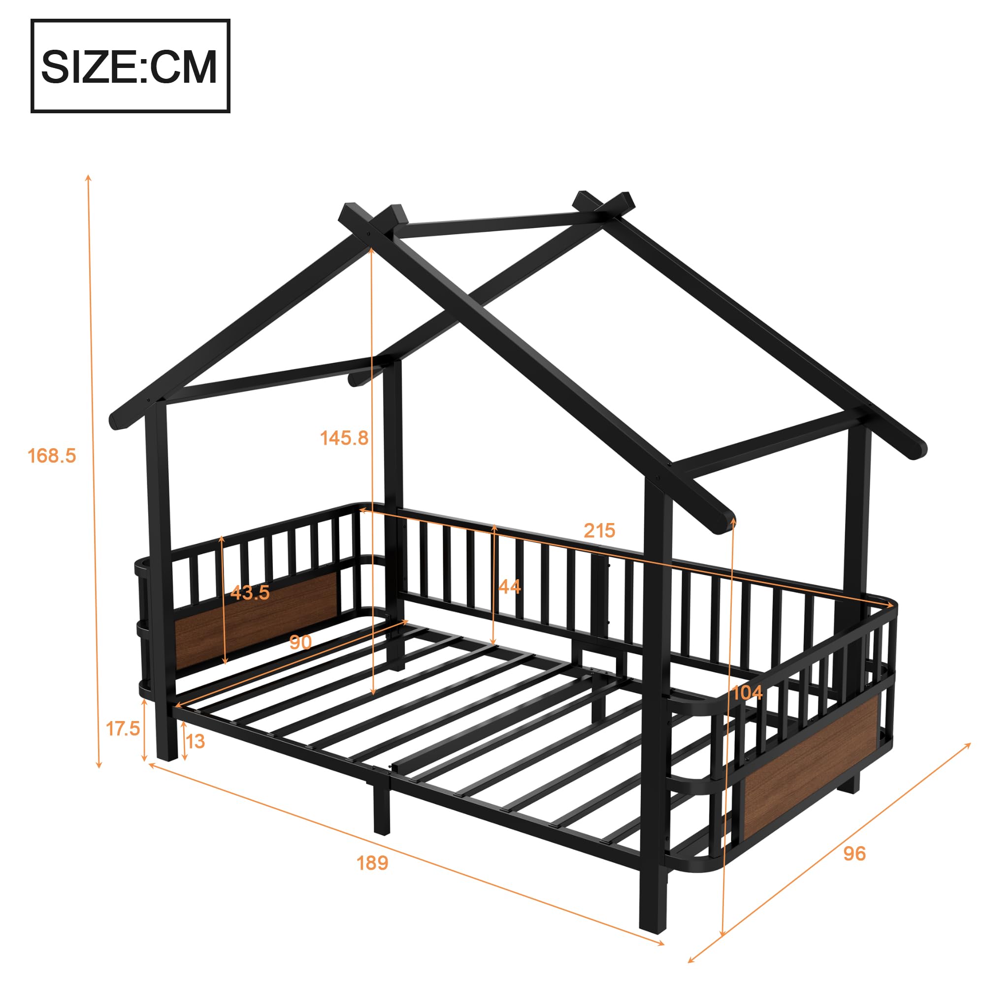 Merax Kinderbett aus Metall in Hausform 90x200 cm mit Sicherheitsgitter & Dachdesign – Schwarz (Ohne Matratze)