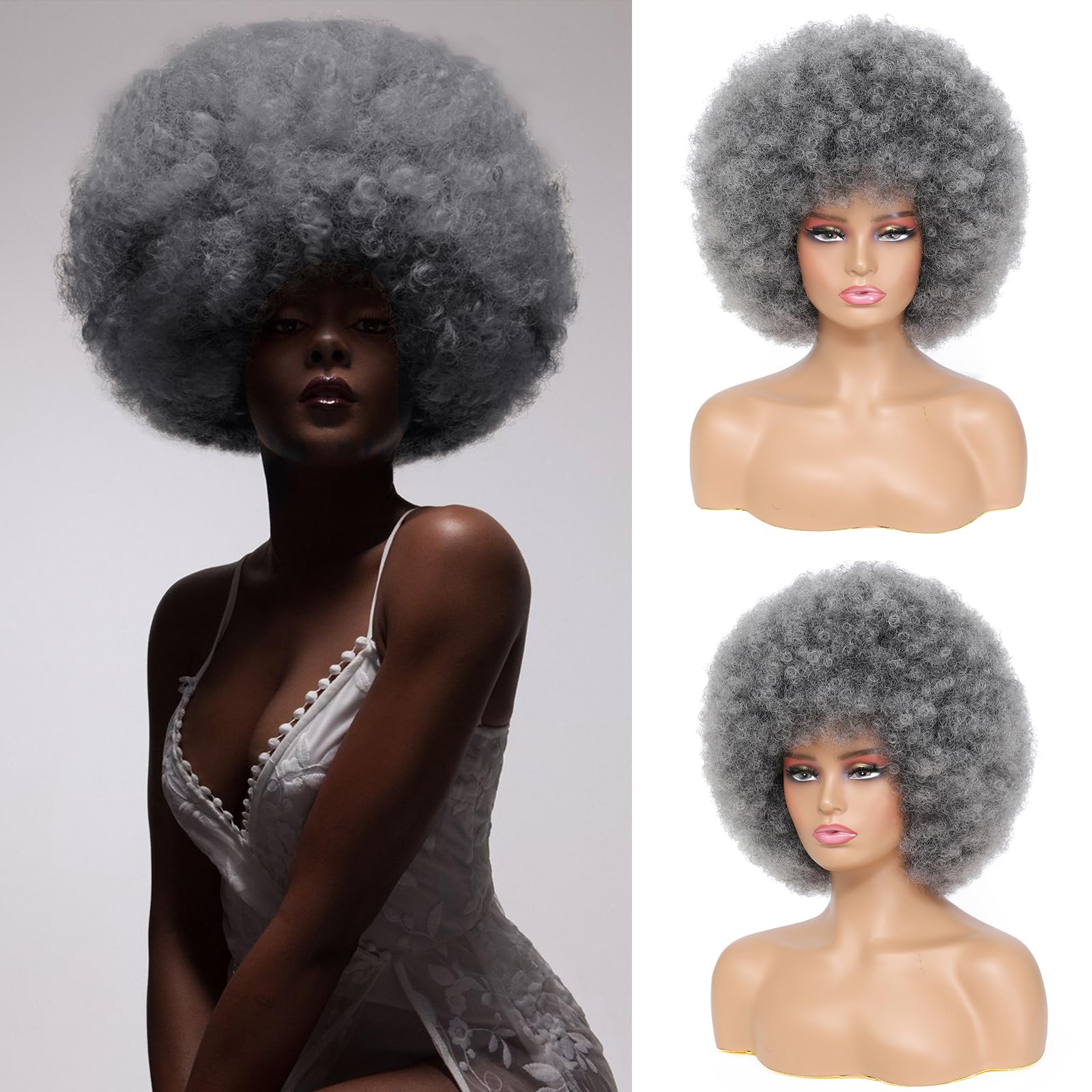 JSDshine Afro Wig - Soft 70s Afro Wigs For Women Grey Kinky Curly Hair Wigs With Bangs Natural Looking Gray Big Curly Wig For Men Bouncy Afro Puff Wig
