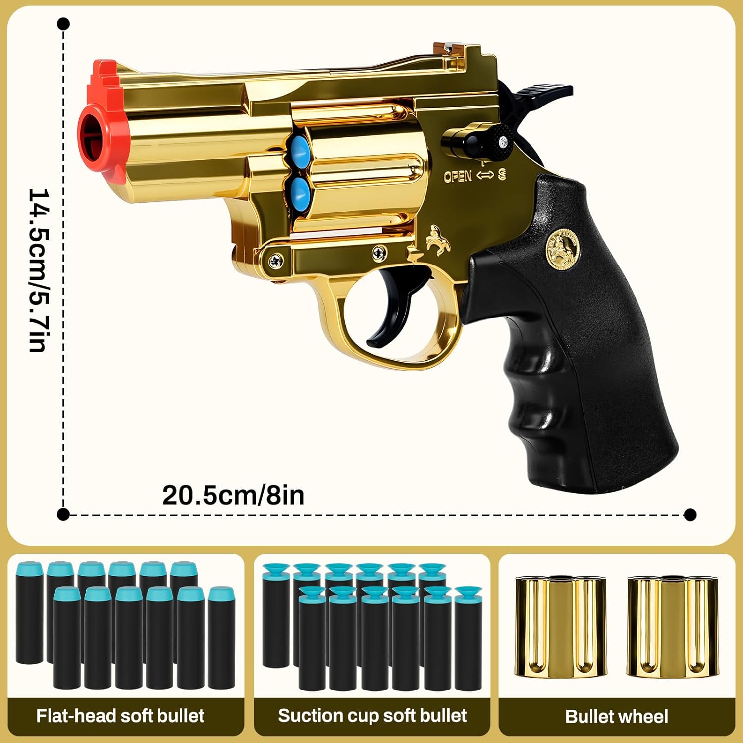 Toy Revolver Gun Plastic Soft Bullet Foam Blaster Hand Pistols Shotgun Roulette Boy Play Cowboy Prop Game Fake Sniper Rifle Kids Age 8-12 Cool Halloween Christmas Birthday Gift Gold