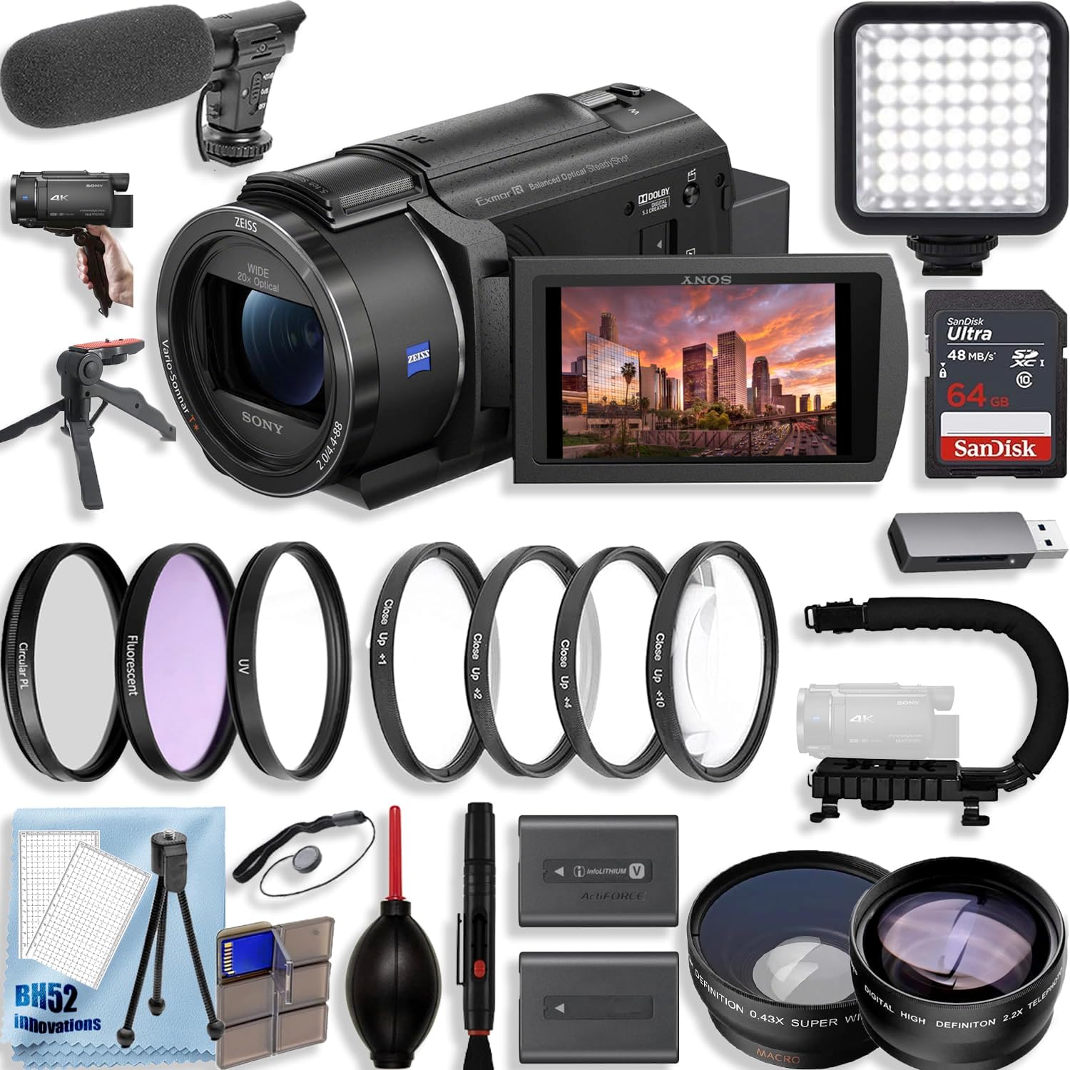 Sony FDR-AX43 4K Ultra HD Handycam Camcorder with 64GB Memory Card + Filter Kit + LED Video Light + Tripod + Deluxe Accessory Kit, Black (Renewed)